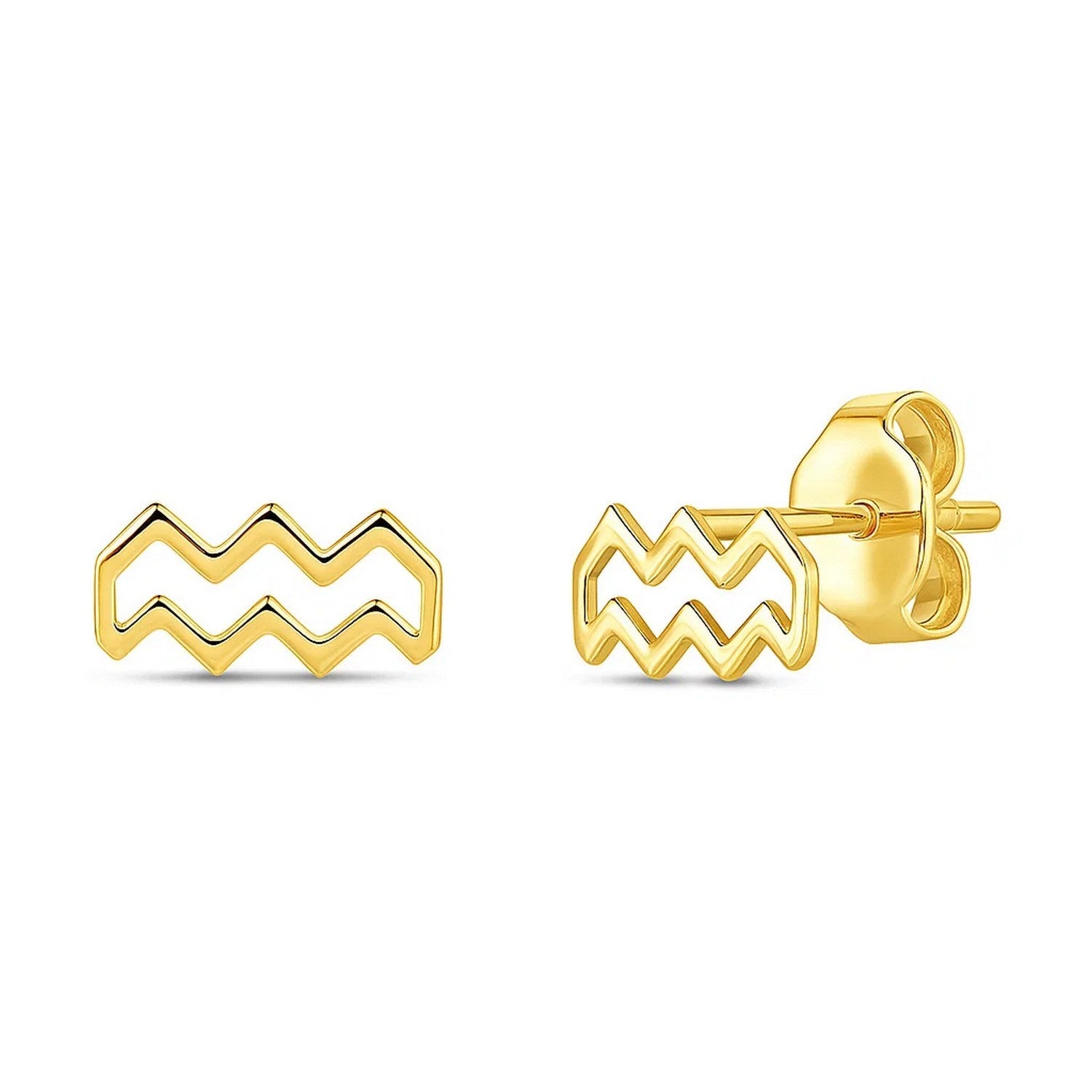 14K Yellow Gold Aquarius Stud Earrings in a sleek high-contrast midnight luxury editorial style