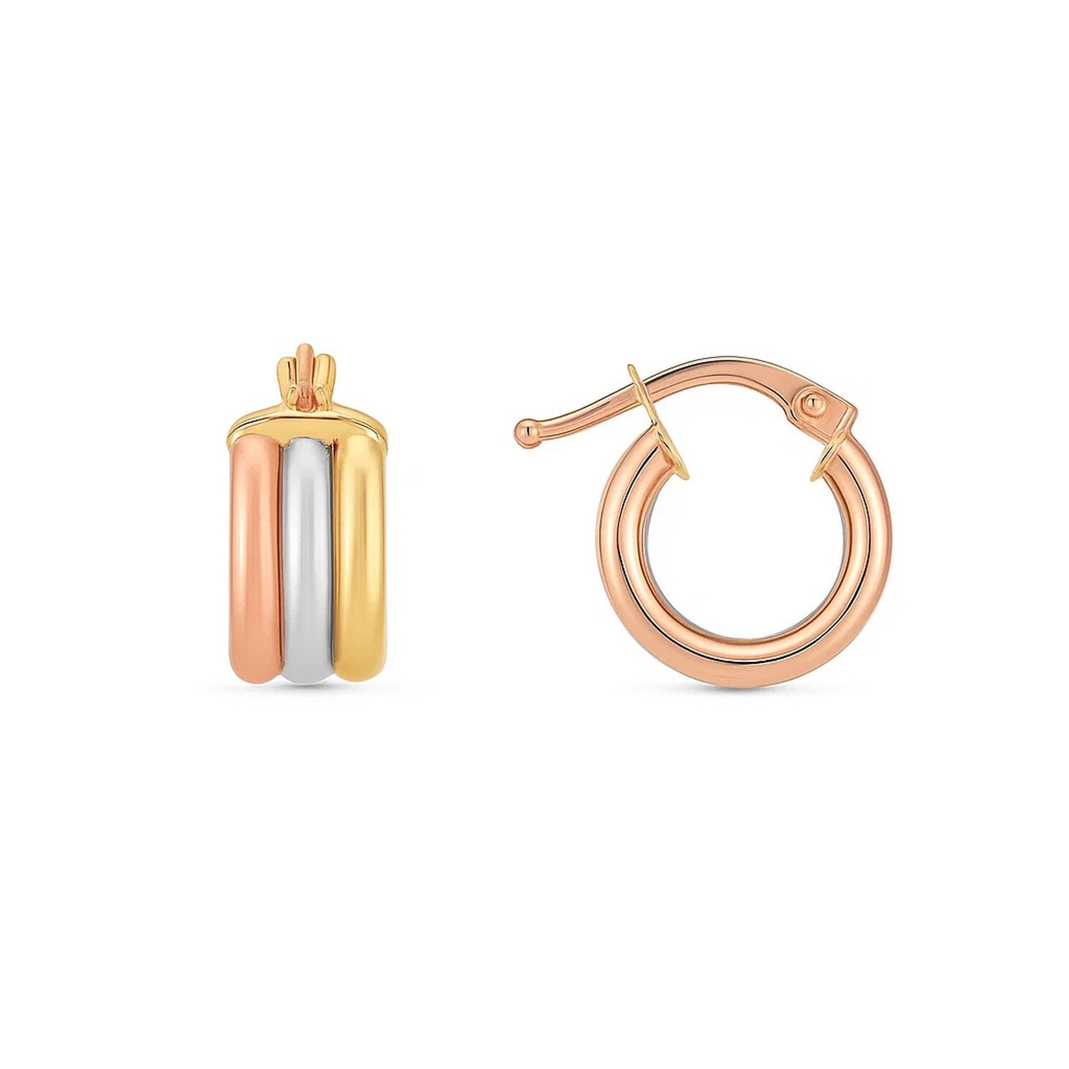 14k Tri Color Gold Trilogy Hoops in a sleek high-contrast midnight luxury editorial style