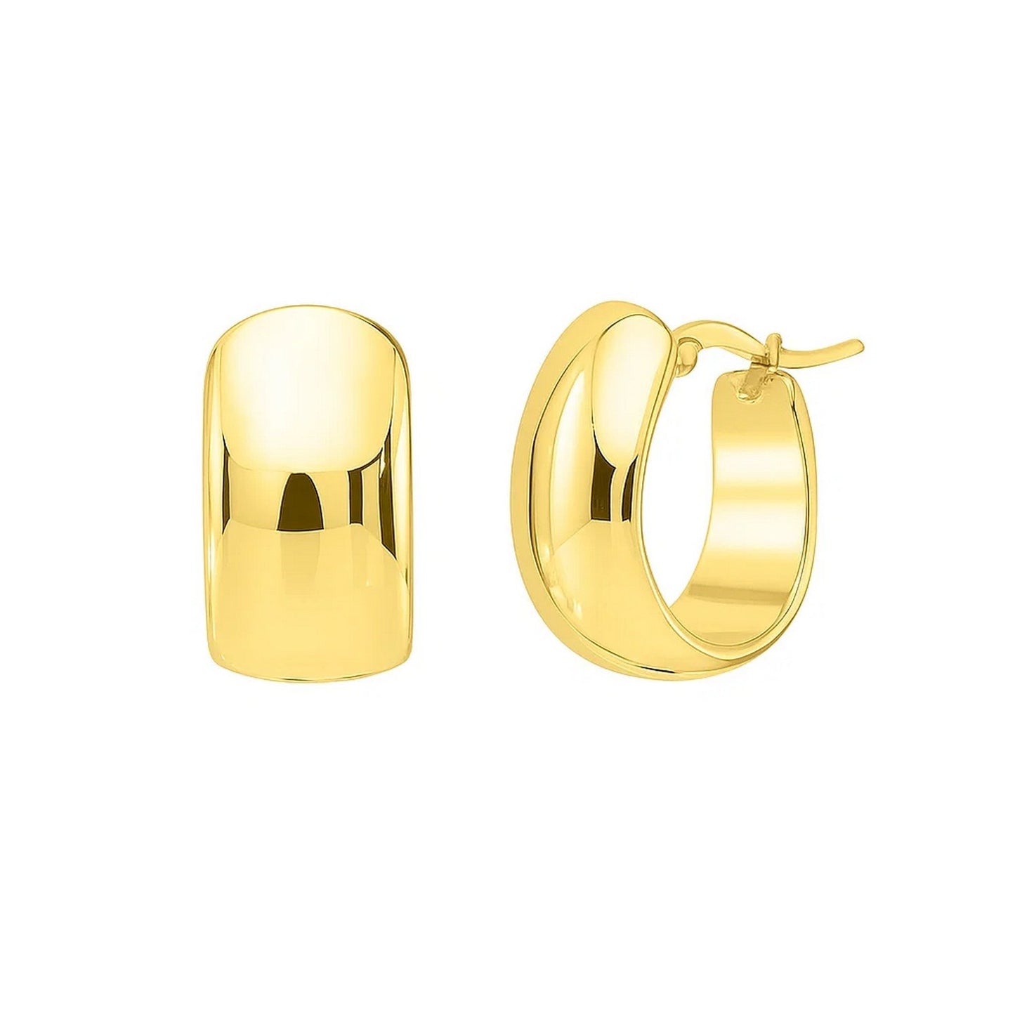Wide Huggie Hoop Earrings in 14K Yellow Gold in a sleek high-contrast midnight luxury editorial style