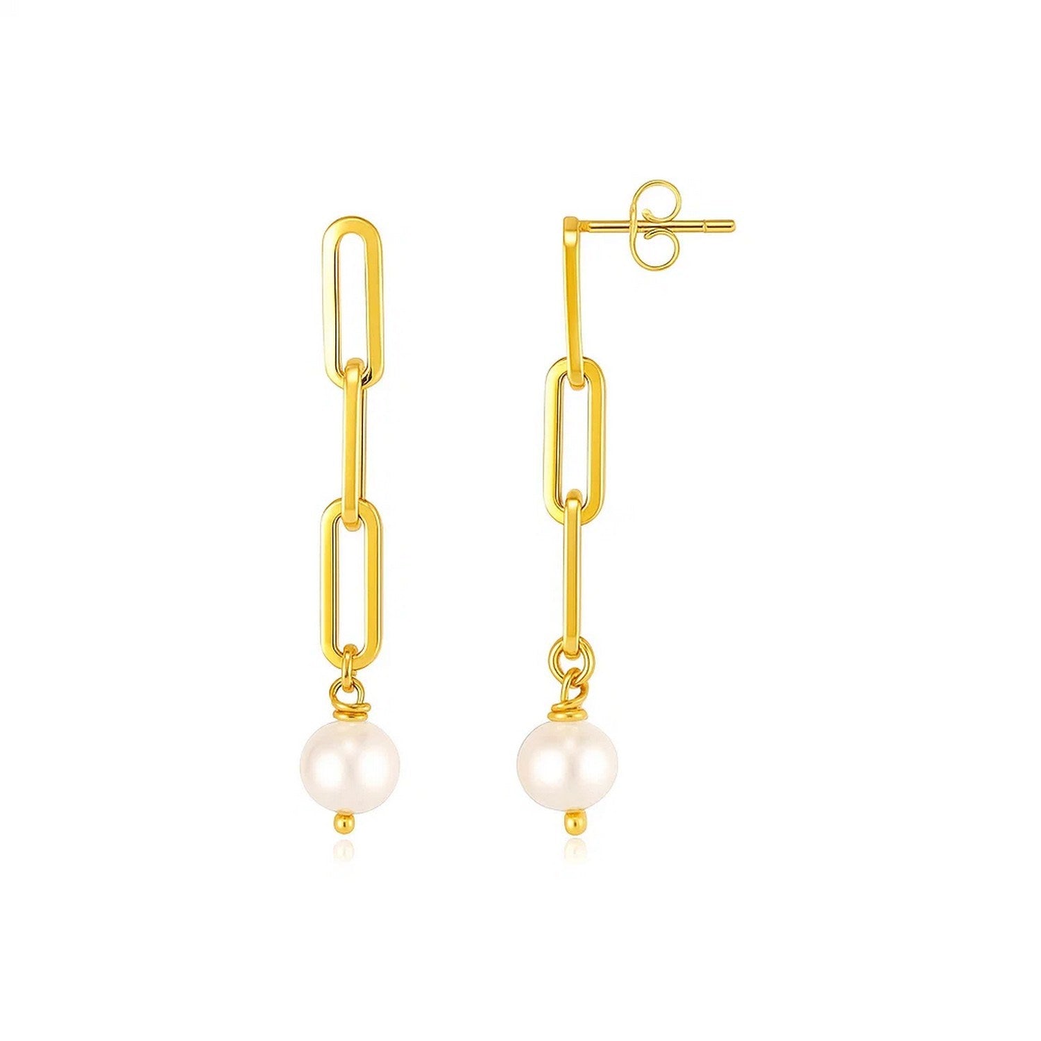 14k Yellow Gold Paperclip Chain Link Earrings with Pearls in a sleek high-contrast midnight luxury editorial style