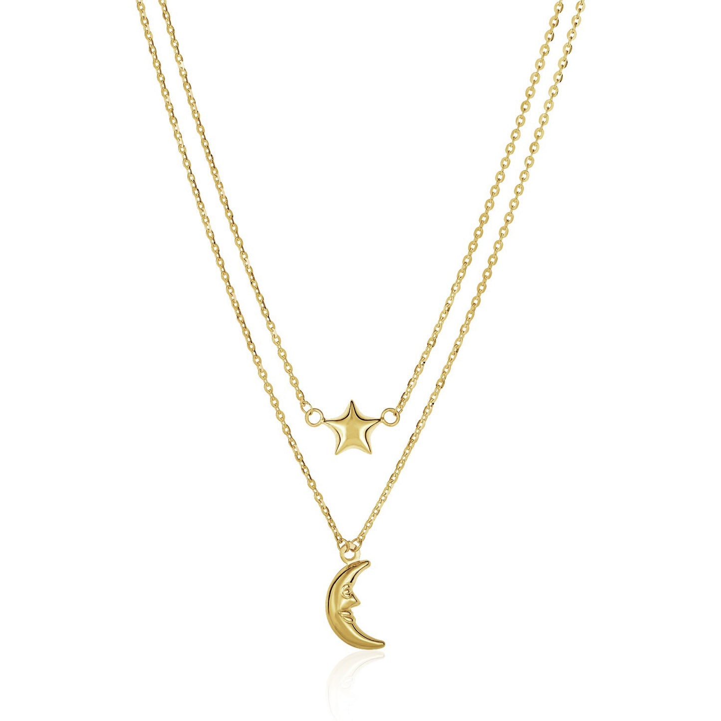14k Yellow Gold Double-Strand Chain Necklace with Puff Moon and Star in a sleek high-contrast midnight luxury editorial style
