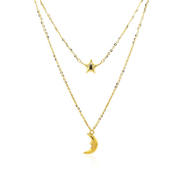 14k Yellow Gold Double-Strand Chain Necklace with Puff Moon and Star