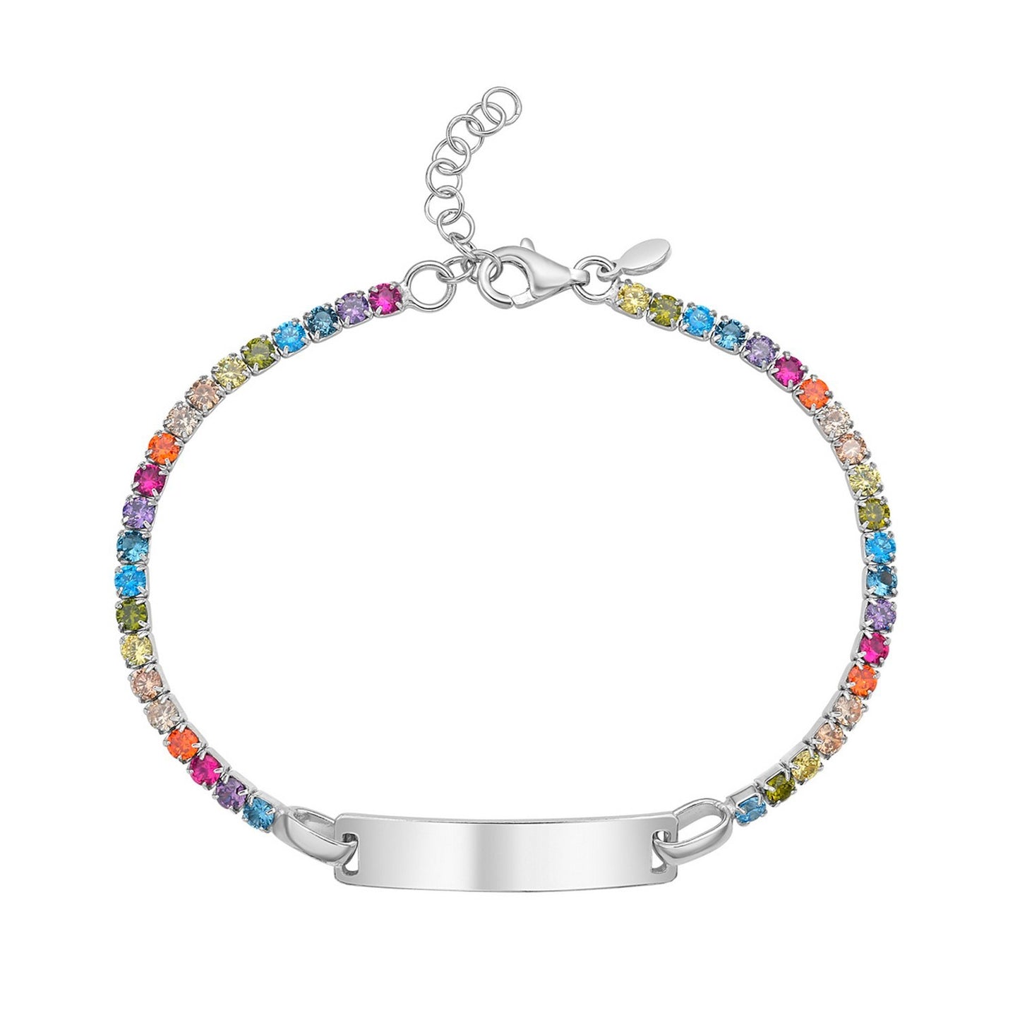 Sterling Silver Rhodium Plated Rainbow CZ ID Bracelet (2.70 mm)