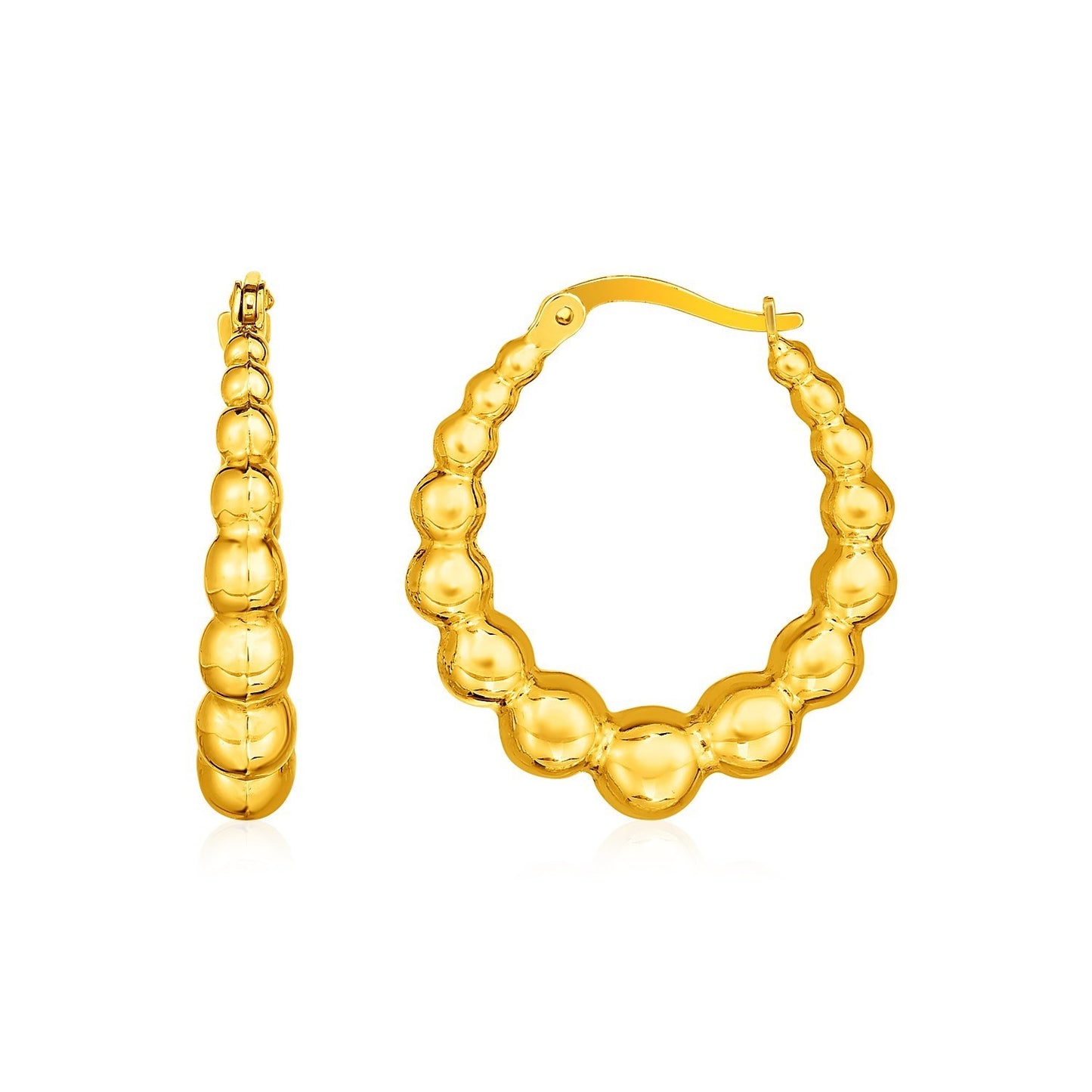 14k Yellow Gold Graduated Sphere Hoop Earrings(5x27mm) in a sleek high-contrast midnight luxury editorial style