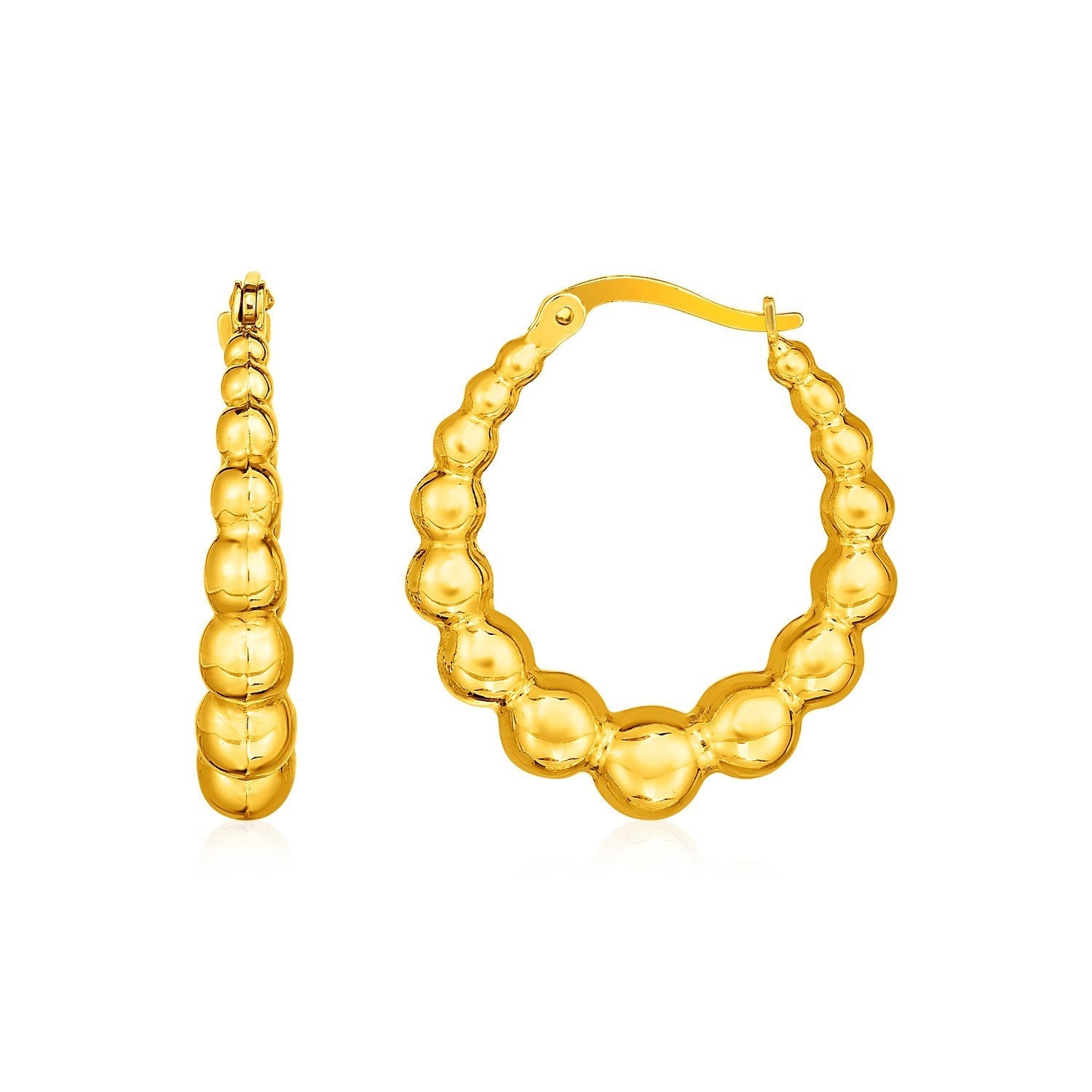 14k Yellow Gold Graduated Sphere Hoop Earrings(5x27mm) in a sleek high-contrast midnight luxury editorial style