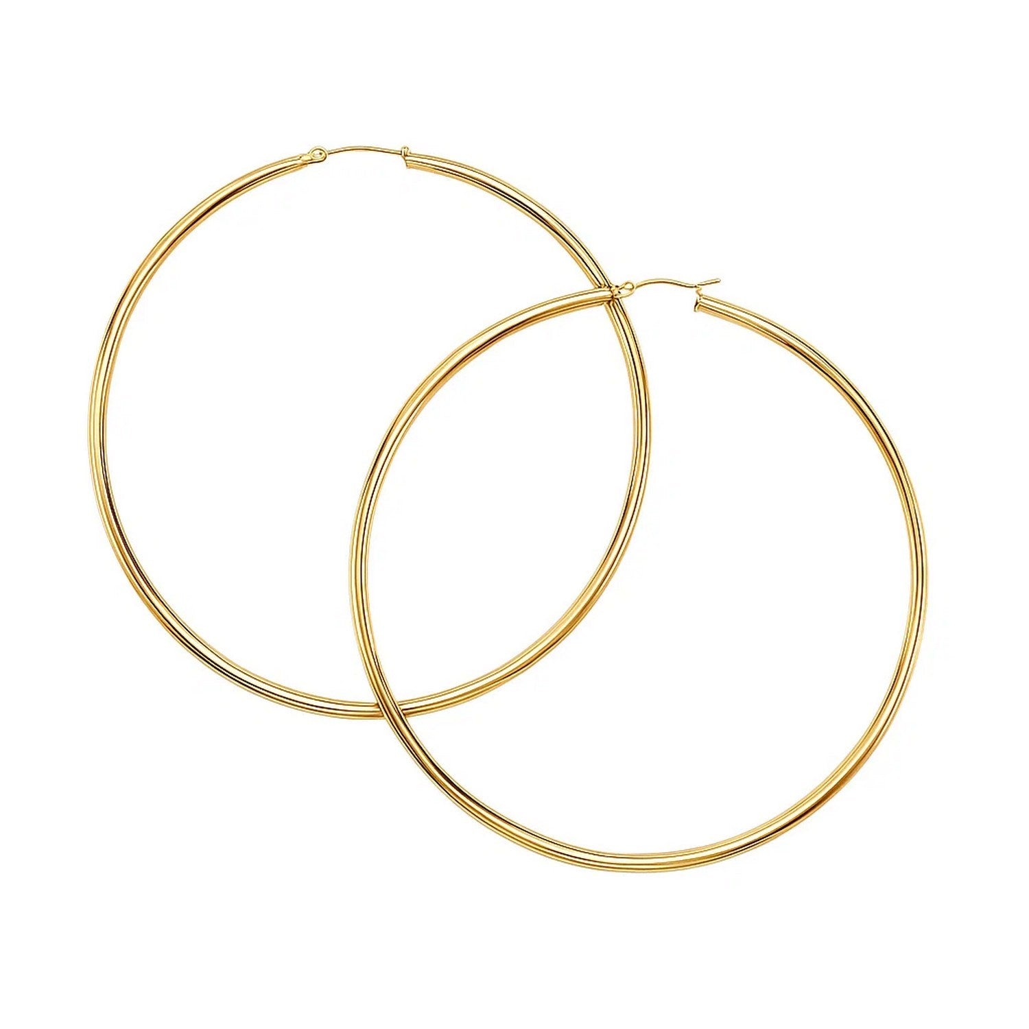 14k Yellow Gold Large Polished Hoop Earrings(2x70mm) in a sleek high-contrast midnight luxury editorial style