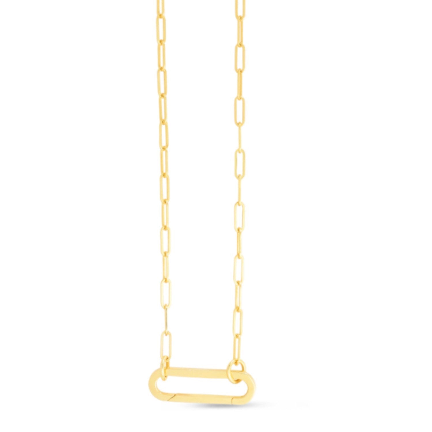 14k Yellow Gold Elongated Link Paperclip Necklace in a sleek high-contrast midnight luxury editorial style