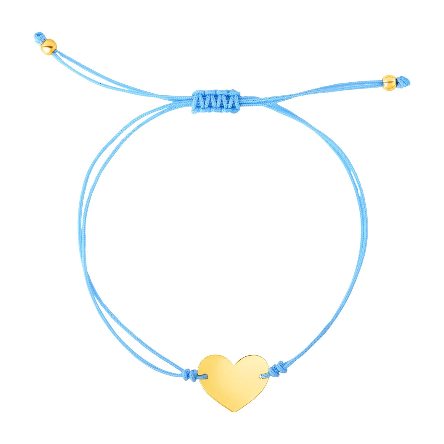 9 1/4 inch Blue Cord Adjustable Bracelet with 14k yellow Gold Heart in a sleek high-contrast midnight luxury editorial style