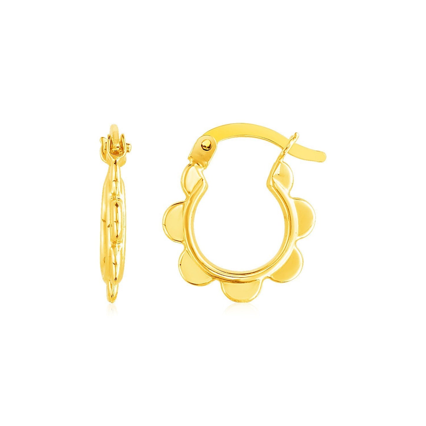 14k Yellow Gold Scalloped Hoop Earrings in a sleek high-contrast midnight luxury editorial style