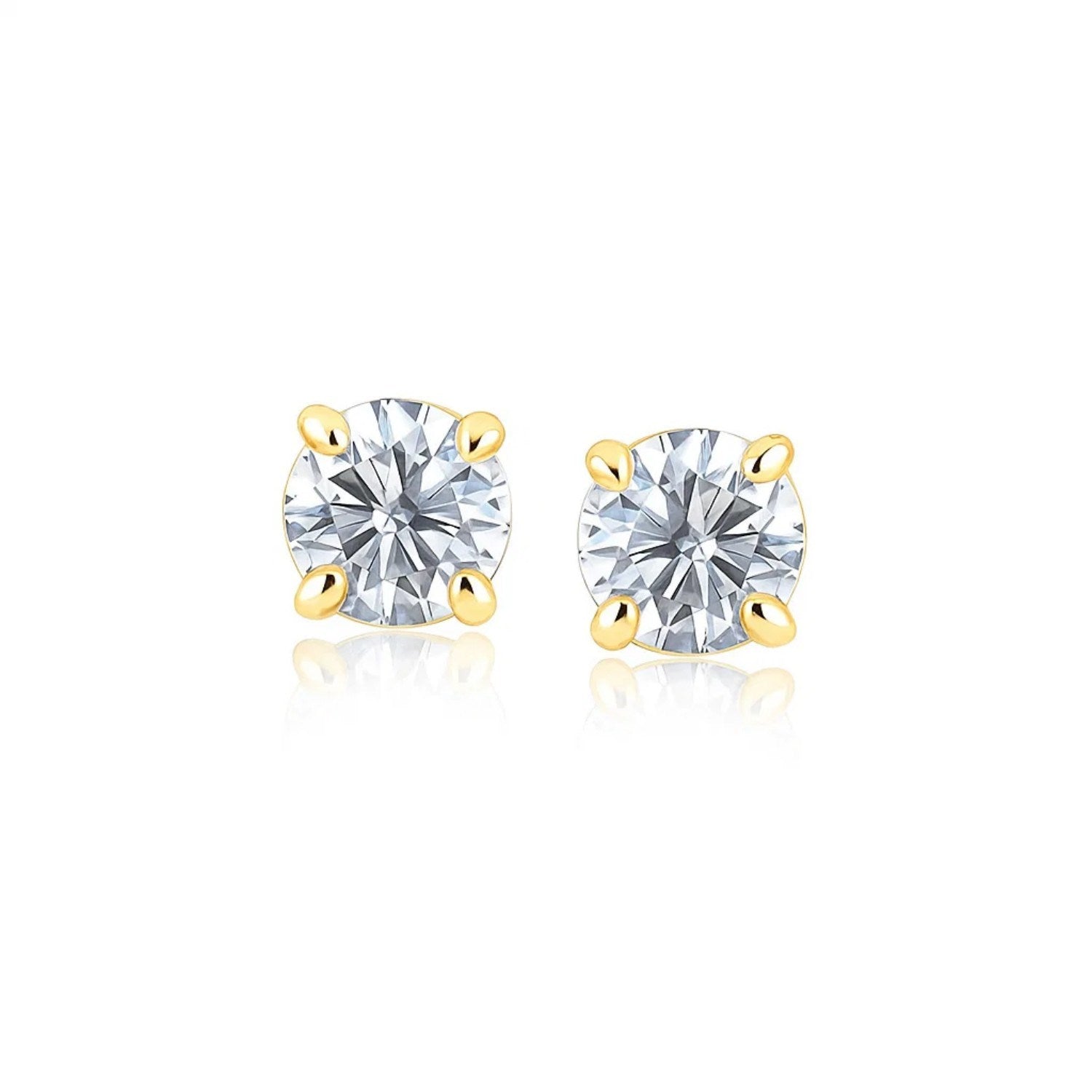 14k Yellow Gold Stud Earrings with White Hue Faceted Cubic Zirconia(6mm) in a sleek high-contrast midnight luxury editorial s