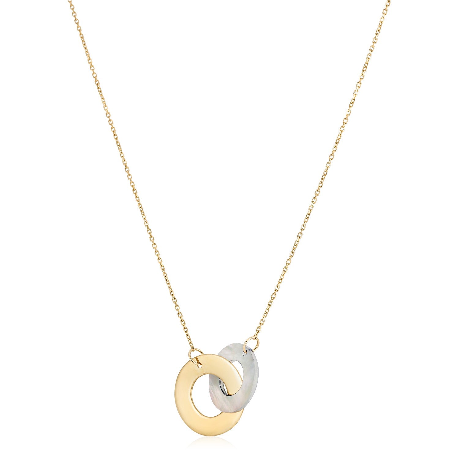 14k Yellow Gold High Polish Linked Mother of Pearl Circles Necklace in a sleek high-contrast midnight luxury editorial style