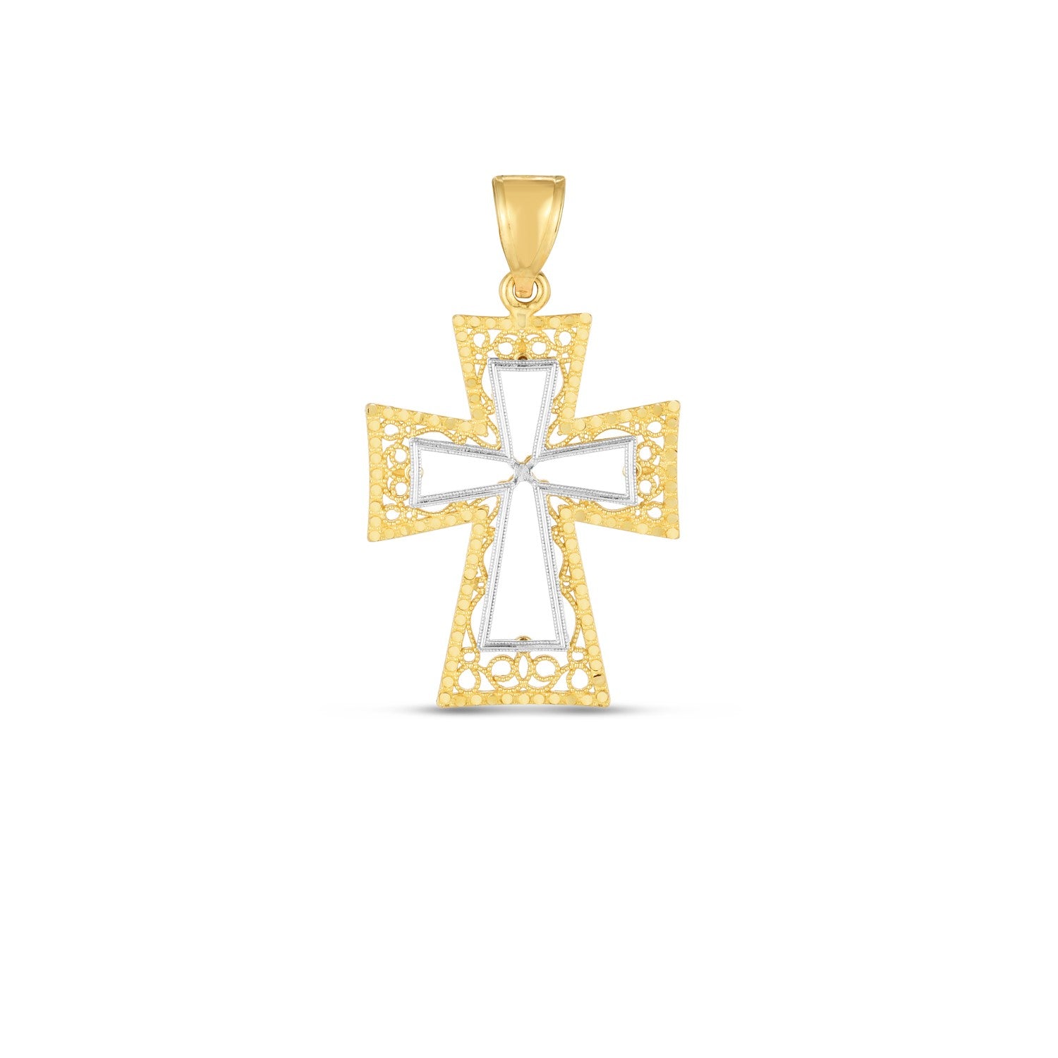 14k Two Tone Gold High Polish Diamond Cut Cross Pendant in a sleek high-contrast midnight luxury editorial style