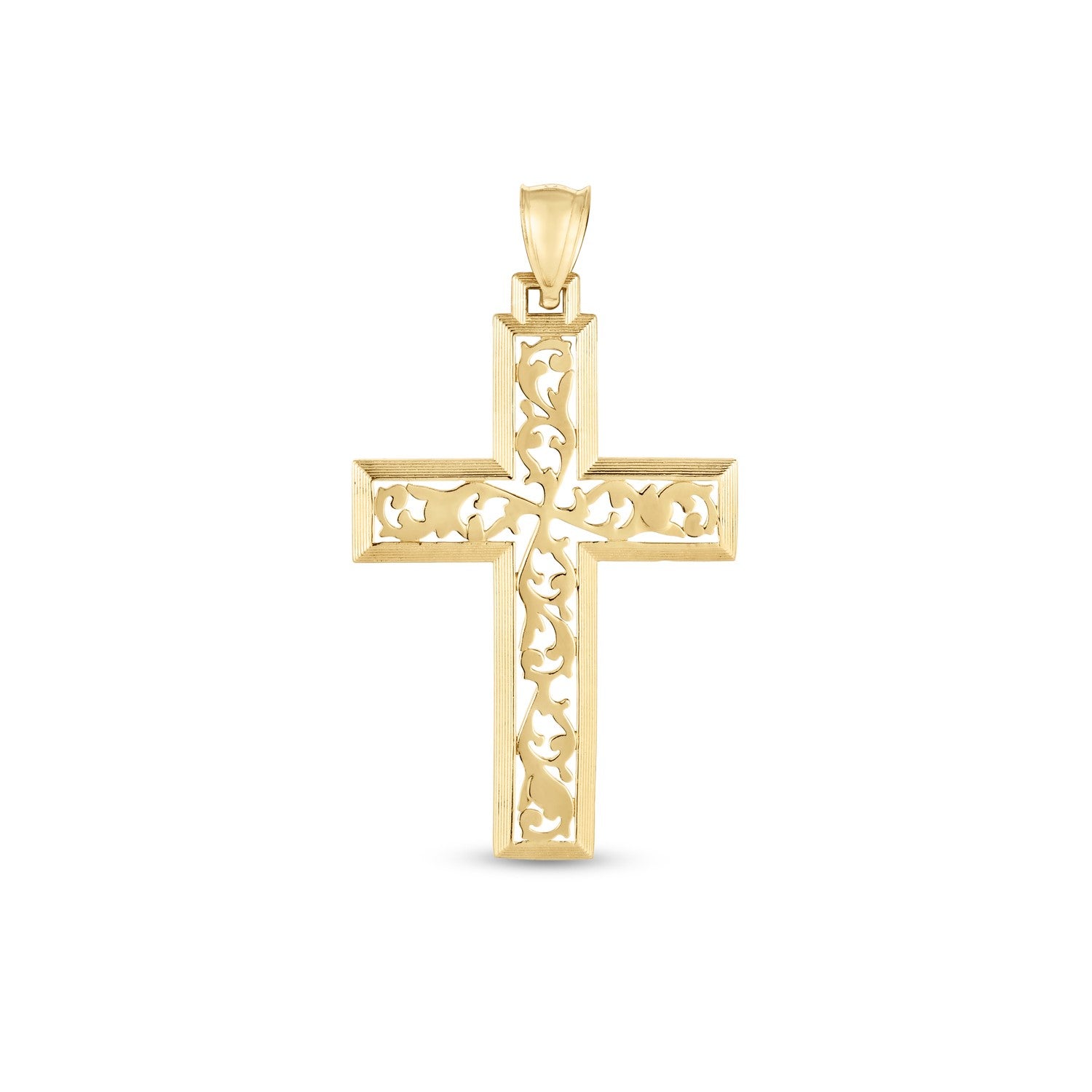 14k Yellow Gold High Polish Vine Cross Pendant in a sleek high-contrast midnight luxury editorial style