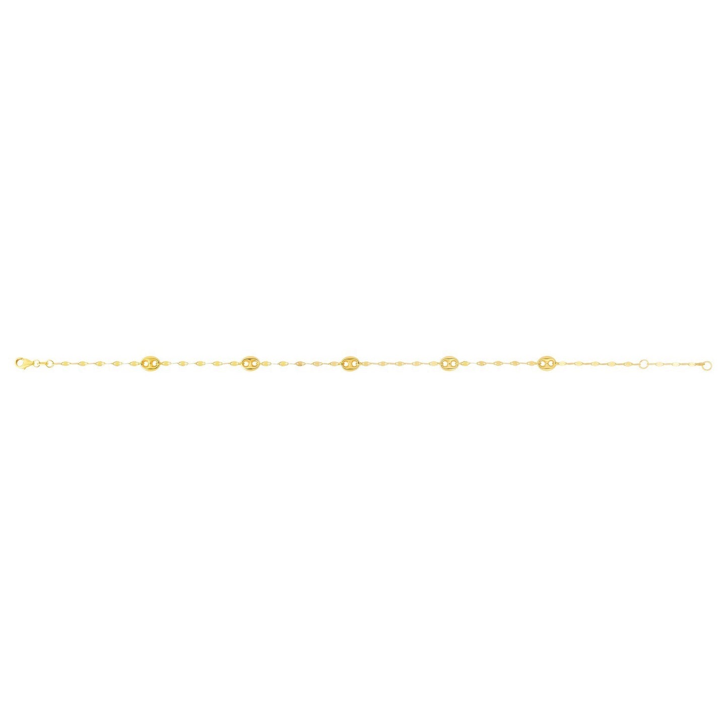 14K Yellow Gold Mirror Chain and Puffed Mariner Station Anklet