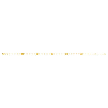 14K Yellow Gold Mirror Chain and Puffed Mariner Station Anklet