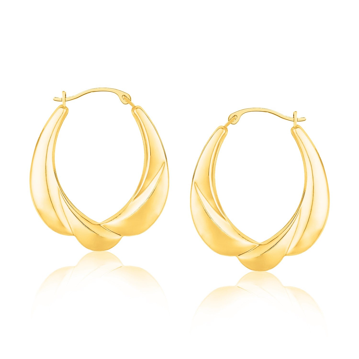 14k Yellow Gold Scallop Motif Graduated Oval Hoop Earrings in a sleek high-contrast midnight luxury editorial style