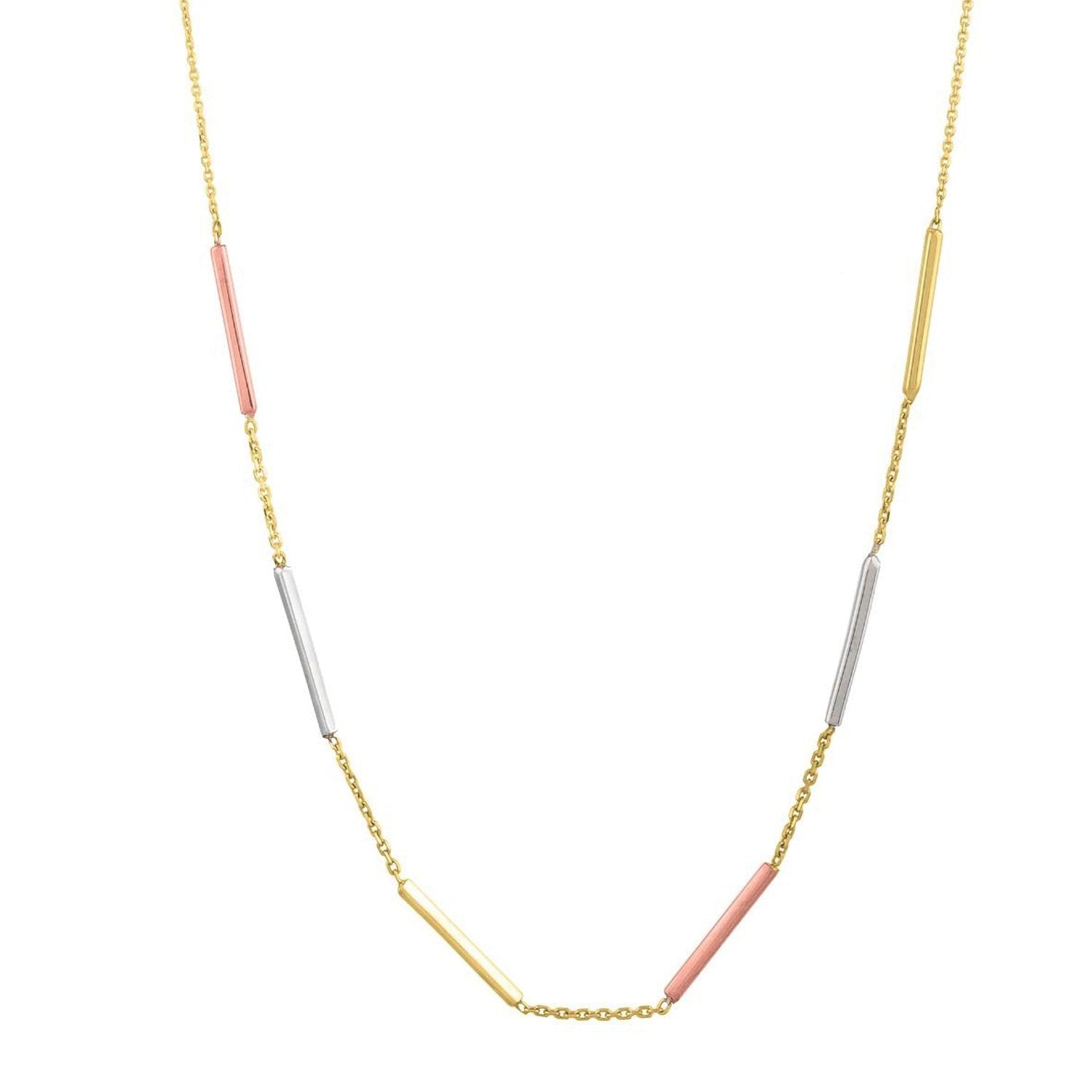 10K Tri Tone Gold Stationed Bar Necklace in a sleek high-contrast midnight luxury editorial style