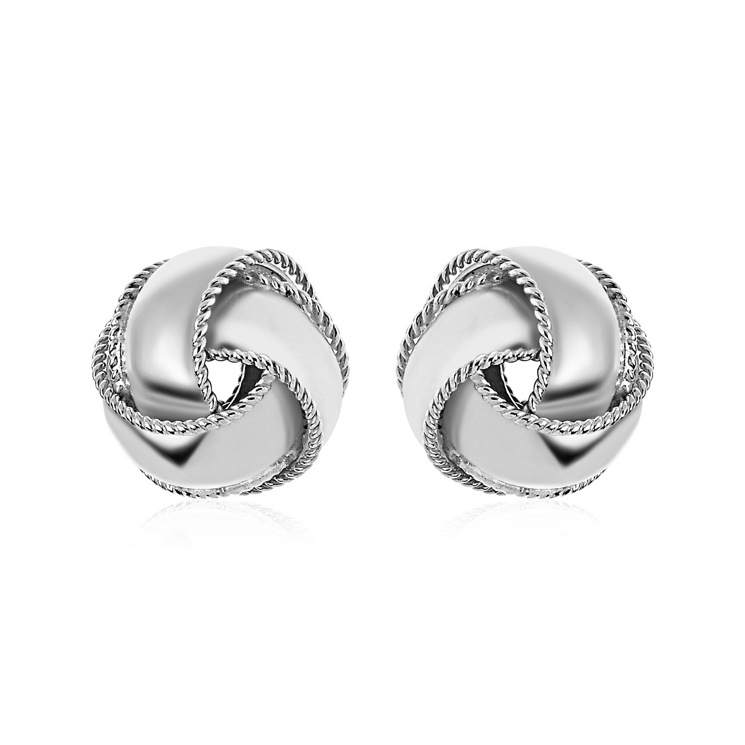 Textured and Polished Love Knot Earrings in Sterling Silver(13mm) in a sleek high-contrast midnight luxury editorial style