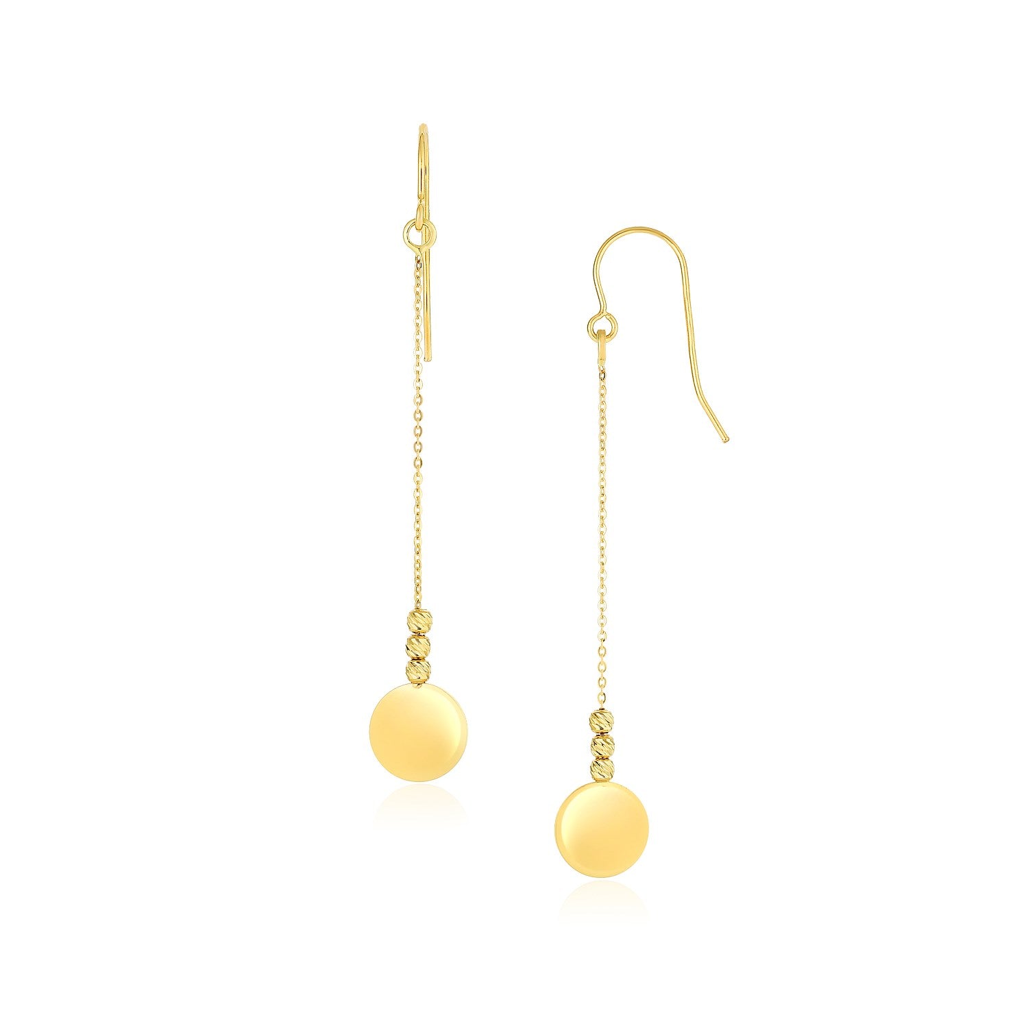 14k Yellow Gold Bead and Shiny Disc Drop Earrings in a sleek high-contrast midnight luxury editorial style