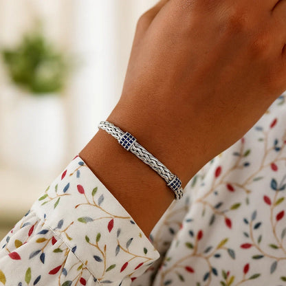 Sterling Silver Woven Bracelet with Blue Sapphire Stations (6.35 mm)