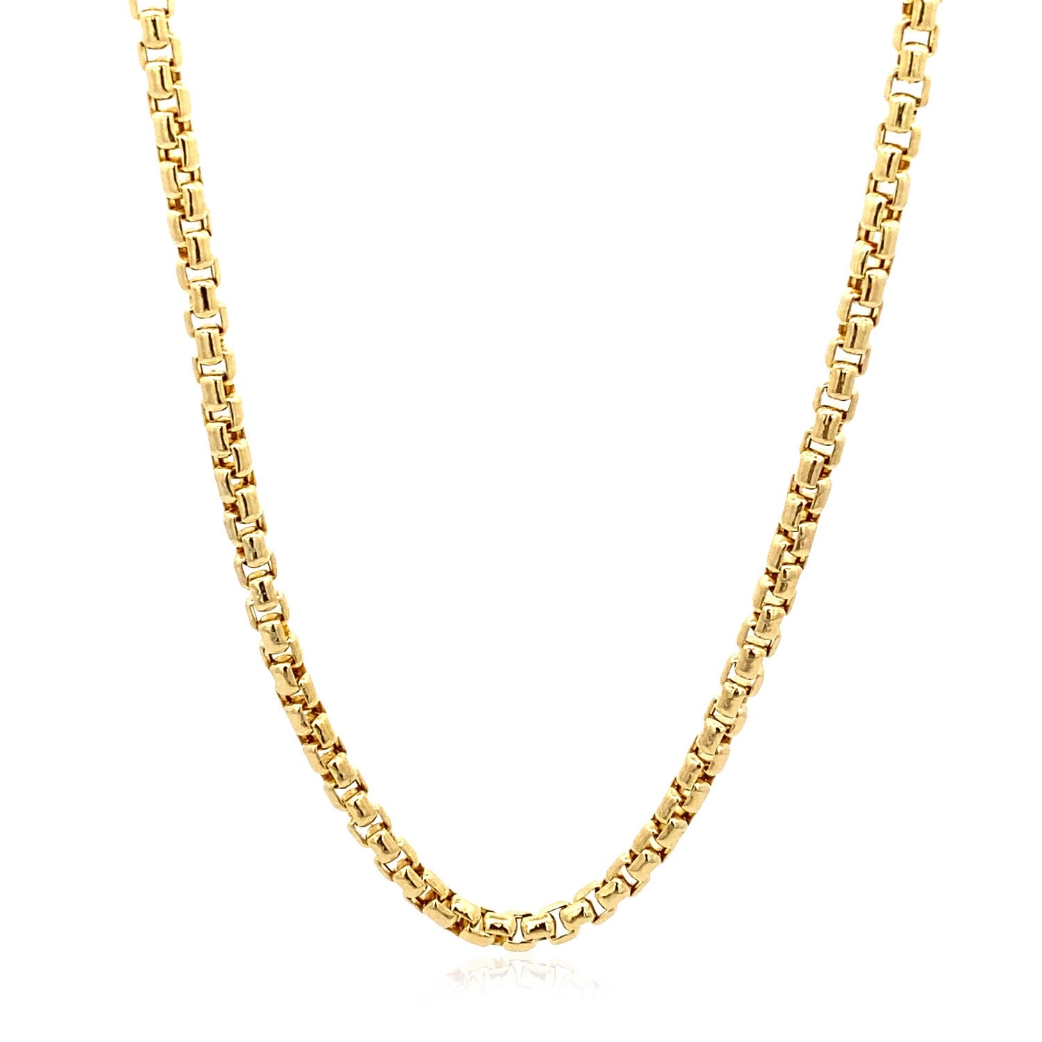 14k Yellow Gold Round Box Chain (3.4 mm) in a sleek high-contrast midnight luxury editorial style