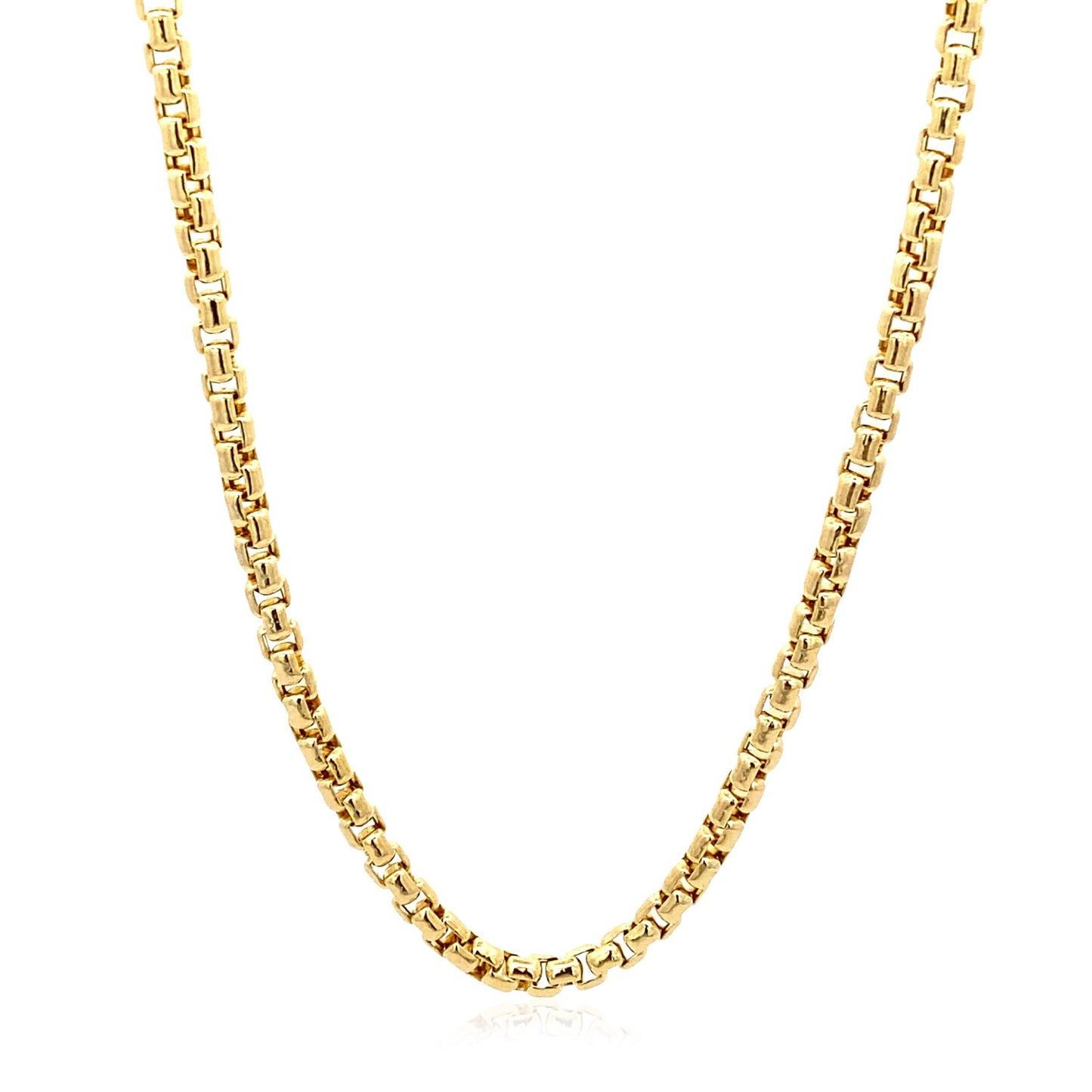 14k Yellow Gold Round Box Chain (3.4 mm) in a sleek high-contrast midnight luxury editorial style