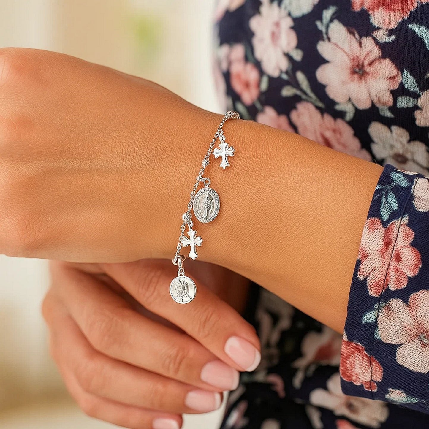 Sterling Silver 7 1/4 inch Bracelet with Crosses and Religious Medal Charms