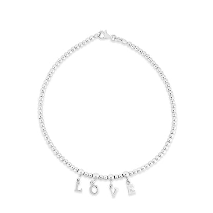 Sterling Silver Rhodium Plated Love Beaded Anklet
