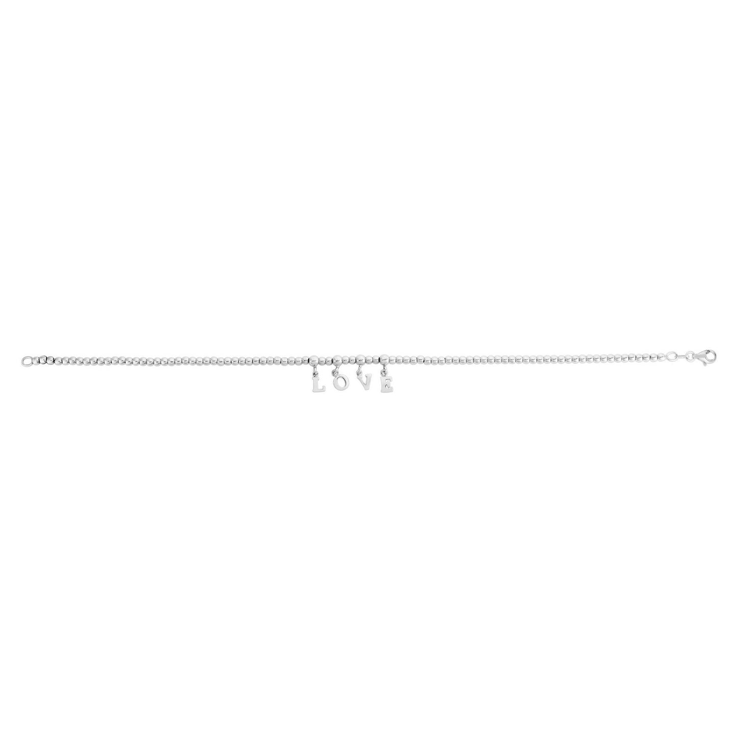 Sterling Silver Rhodium Plated Love Beaded Anklet