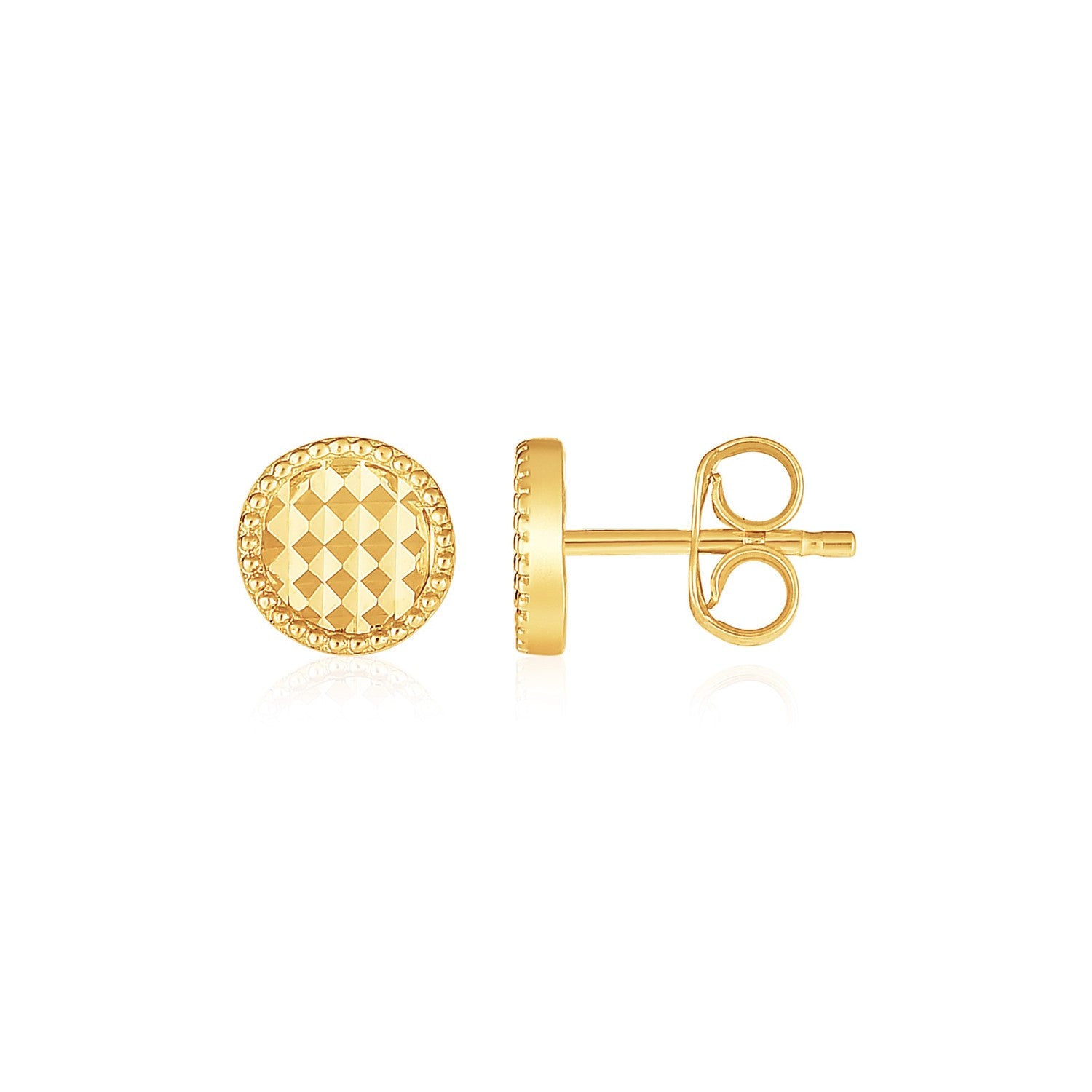 14k Yellow Gold Textured Circle Post Earrings in a sleek high-contrast midnight luxury editorial style