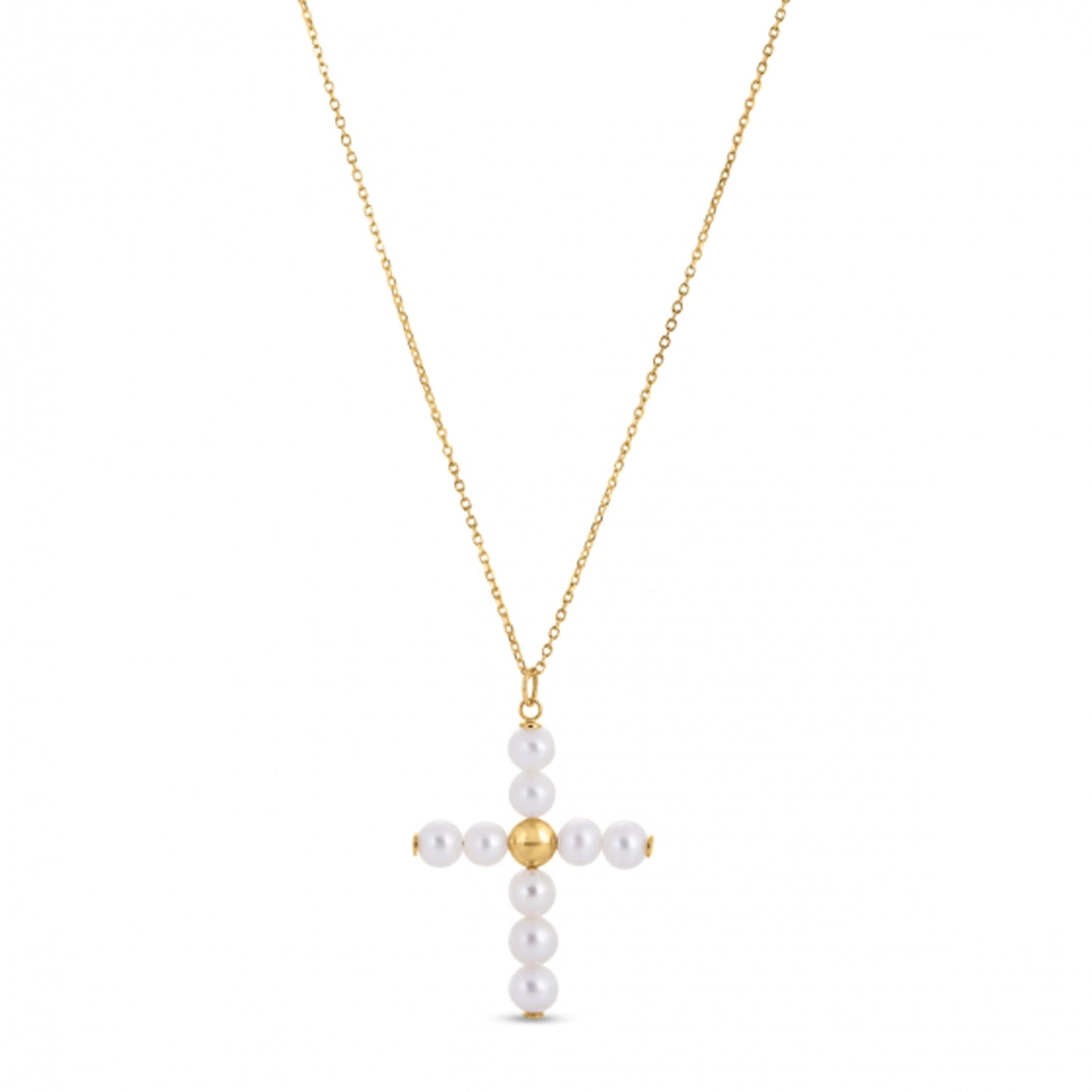 14k Yellow Gold Pearl Cross Pendant in a sleek high-contrast midnight luxury editorial style