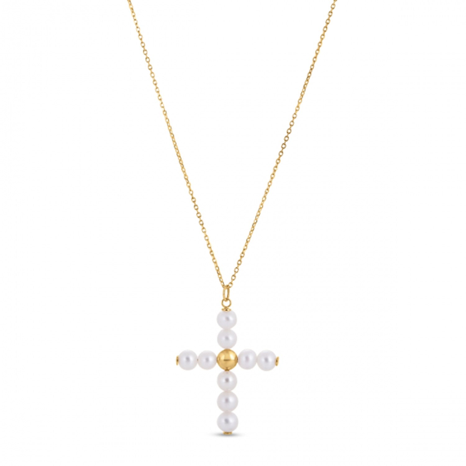 14k Yellow Gold Pearl Cross Pendant in a sleek high-contrast midnight luxury editorial style