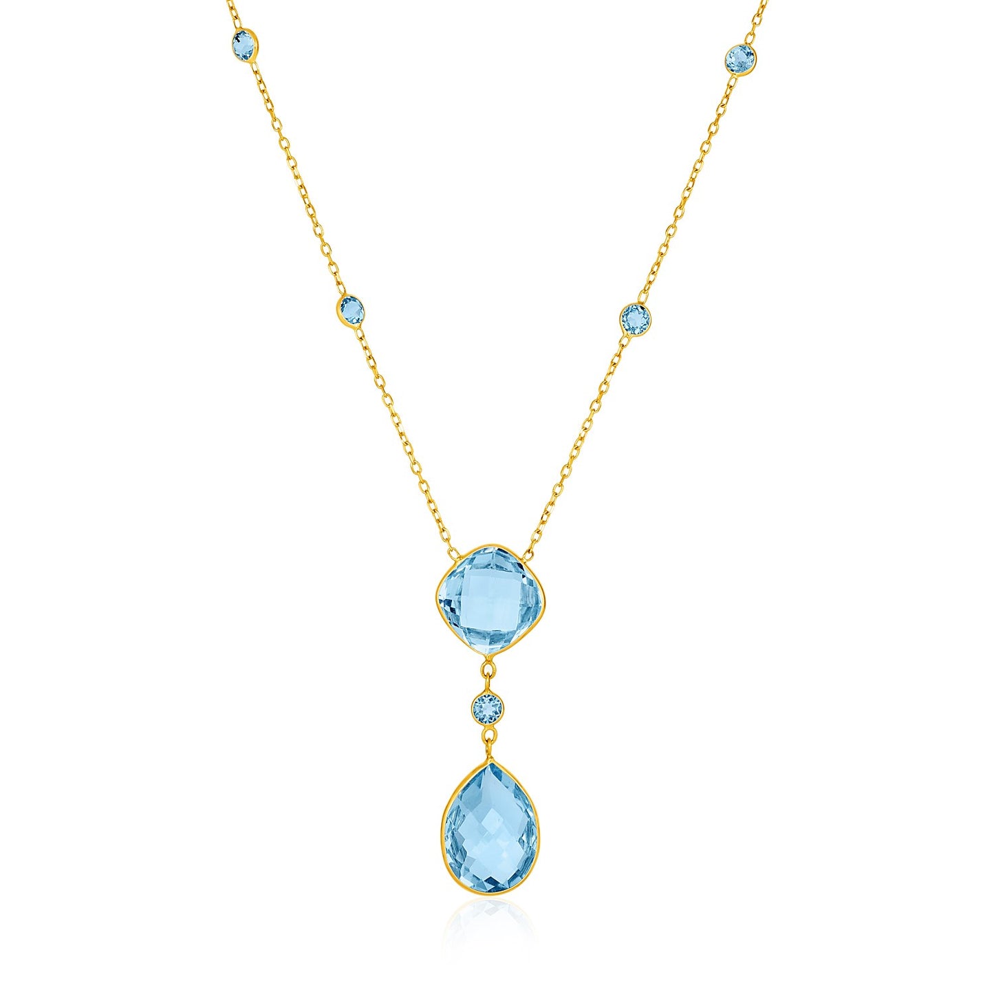 14k Yellow Gold Necklace with Pear-Shaped and Cushion Blue Topaz Briolettes in a sleek high-contrast midnight luxury editoria