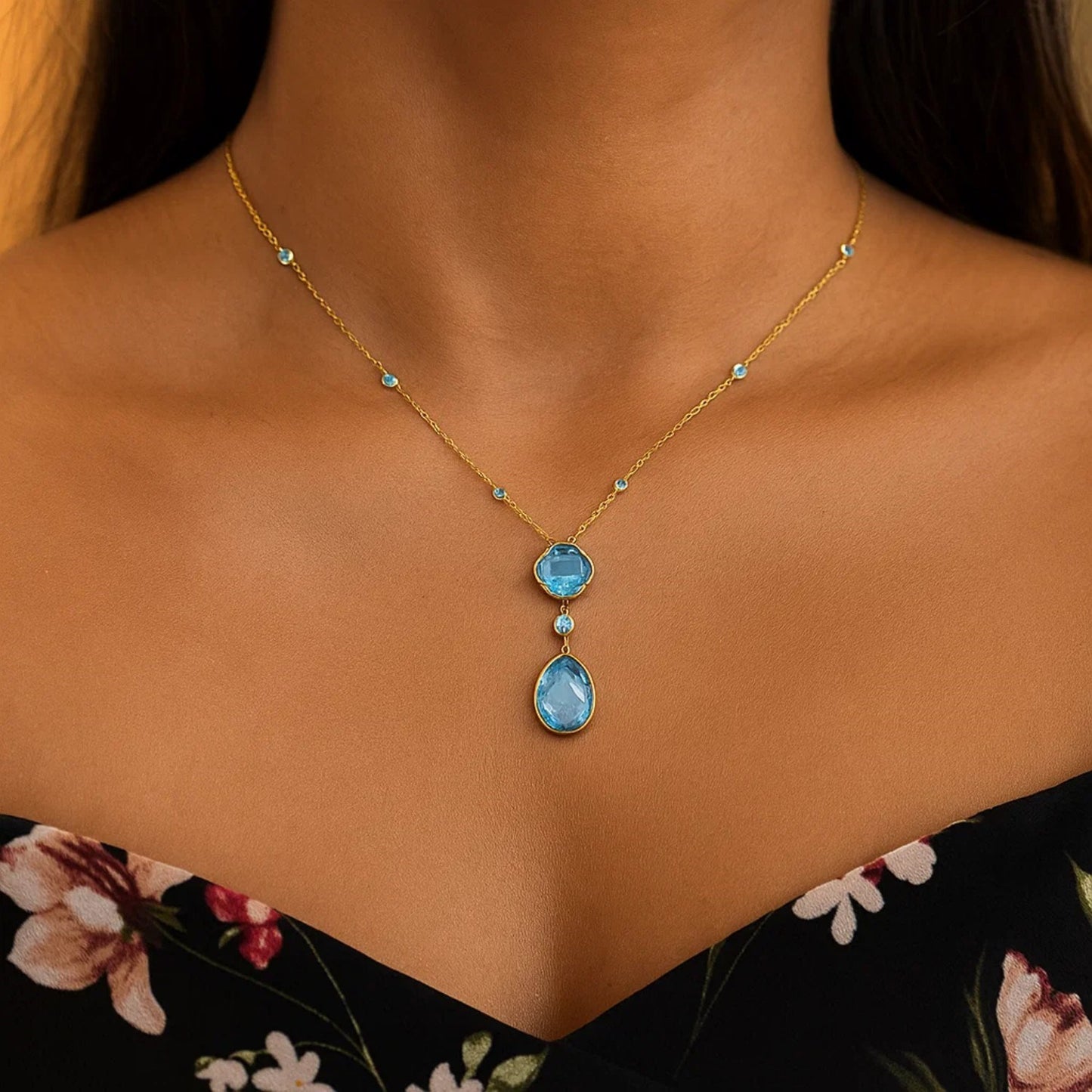 14k Yellow Gold Necklace with Pear-Shaped and Cushion Blue Topaz Briolettes