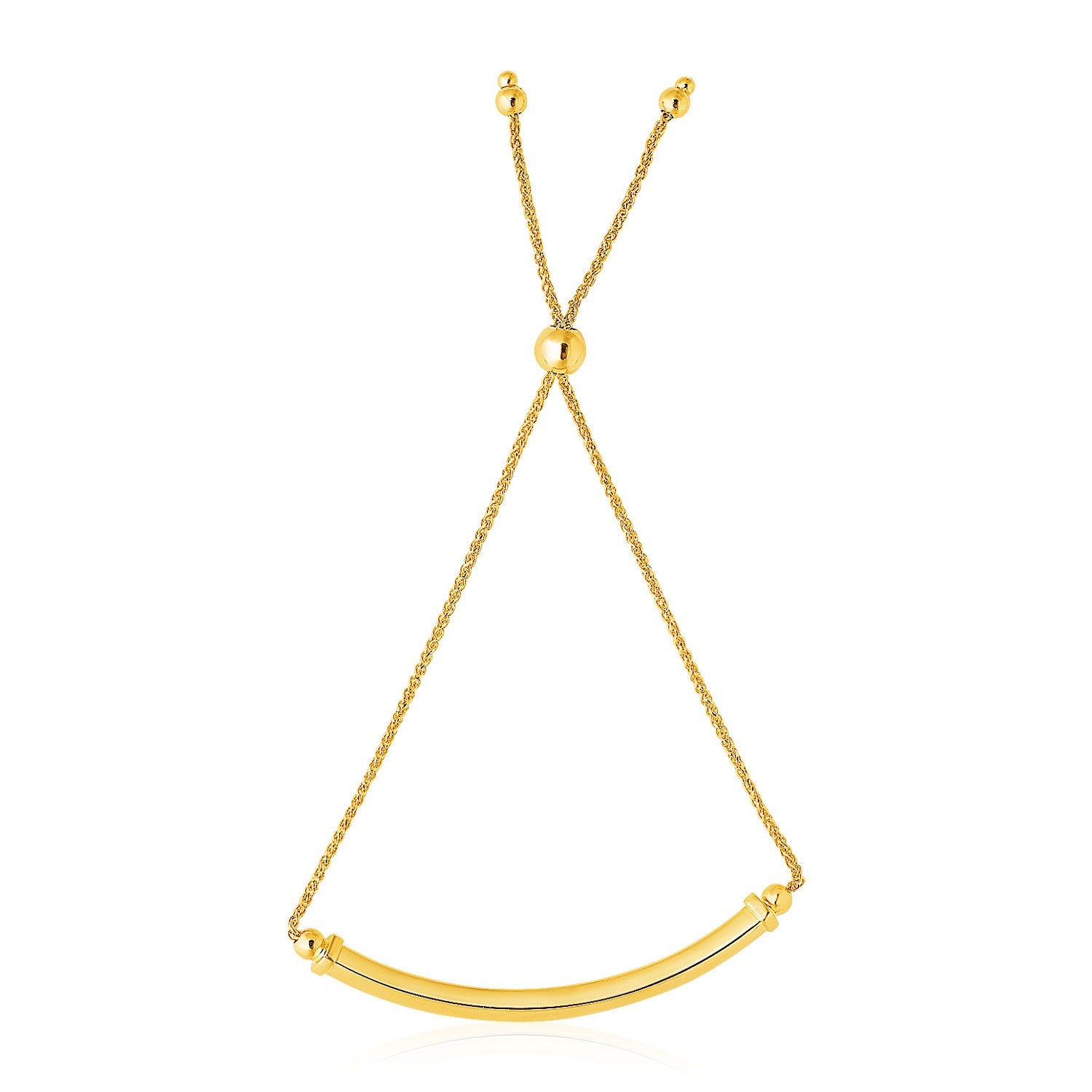 14k Yellow Gold Lariat Bracelet with Polished Curved Bar in a sleek high-contrast midnight luxury editorial style