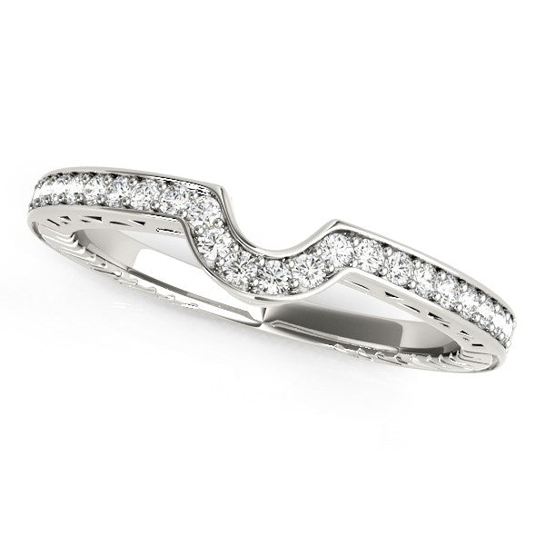 14k White Gold Prong Set Curved Wedding Band (1/8 cttw) in a sleek high-contrast midnight luxury editorial style