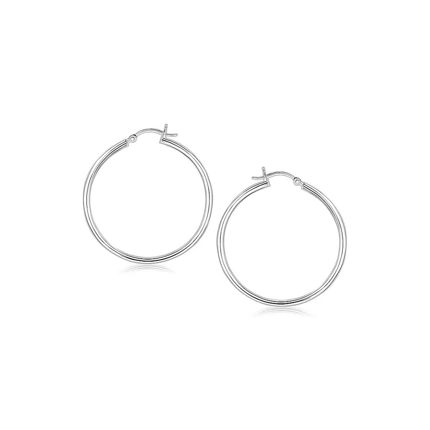 Sterling Silver Rhodium Plated Thin and Polished Hoop Style Earrings (2x35mm) in a sleek high-contrast midnight luxury editor