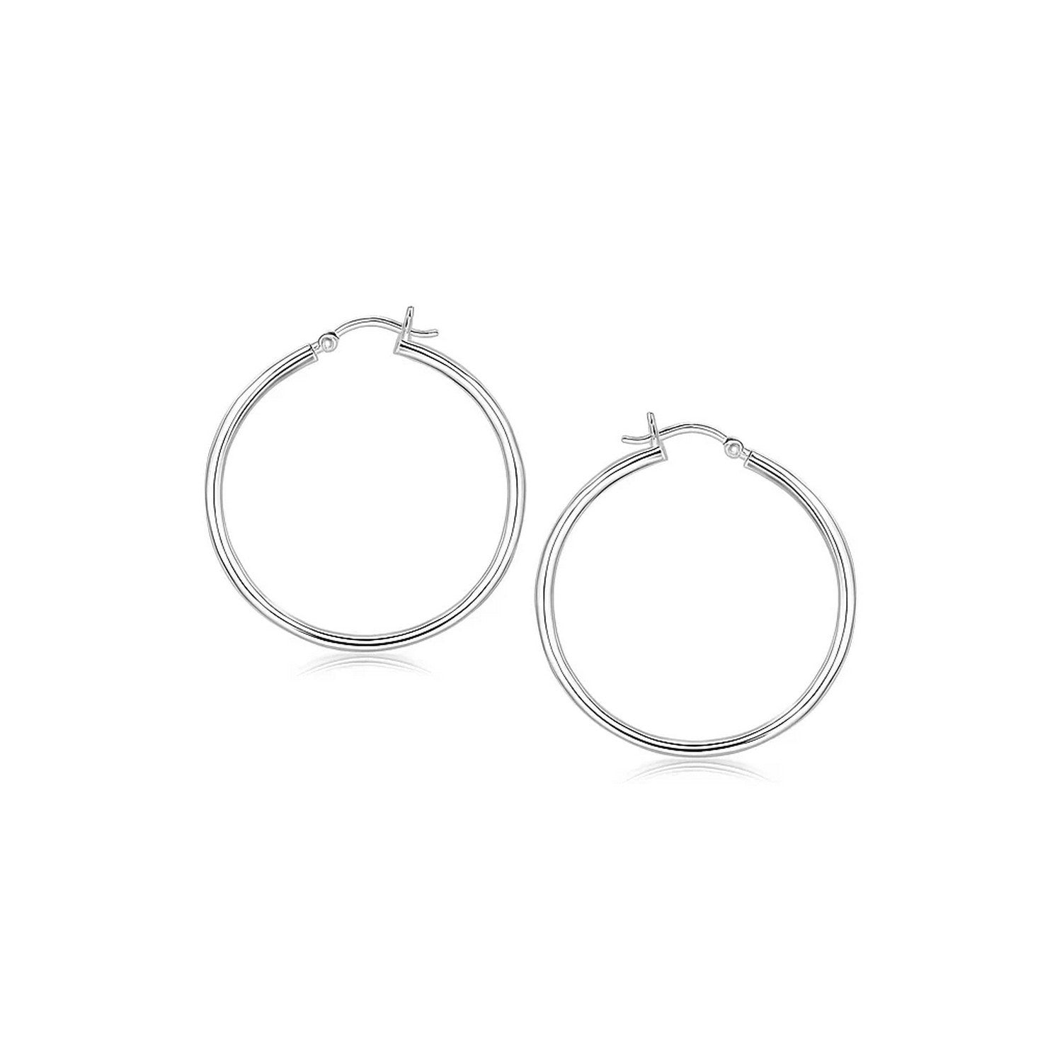 Sterling Silver Rhodium Plated Thin and Polished Hoop Style Earrings (2x35mm) in a sleek high-contrast midnight luxury editor