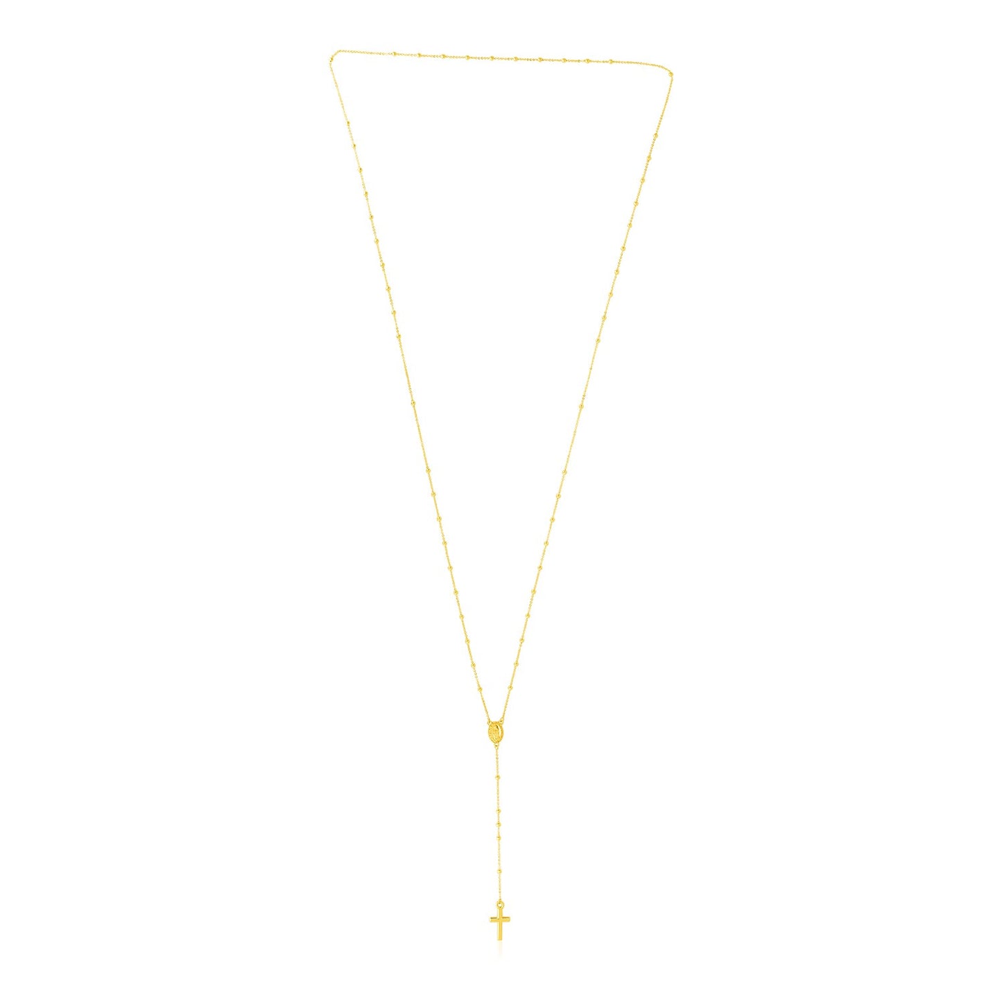 14k Yellow Gold Rosary Necklace in a sleek high-contrast midnight luxury editorial style
