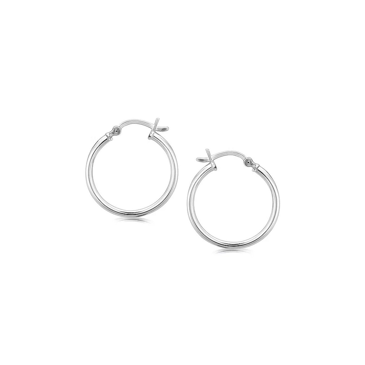 Sterling Silver Polished Thin Hoop Earrings with Rhodium Plating (2x20mm) in a sleek high-contrast midnight luxury editorial