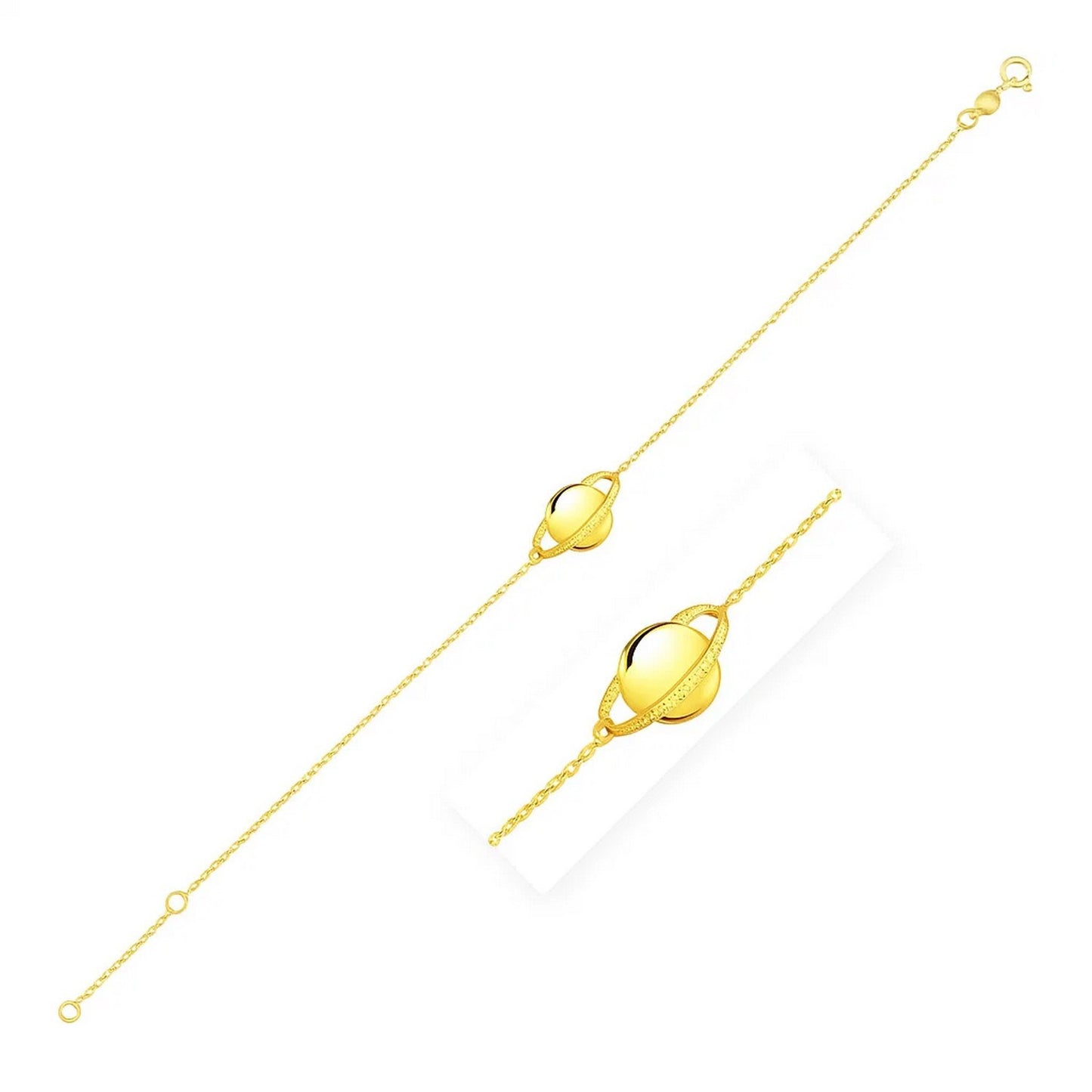 14K Yellow Gold Saturn Bracelet in a sleek high-contrast midnight luxury editorial style