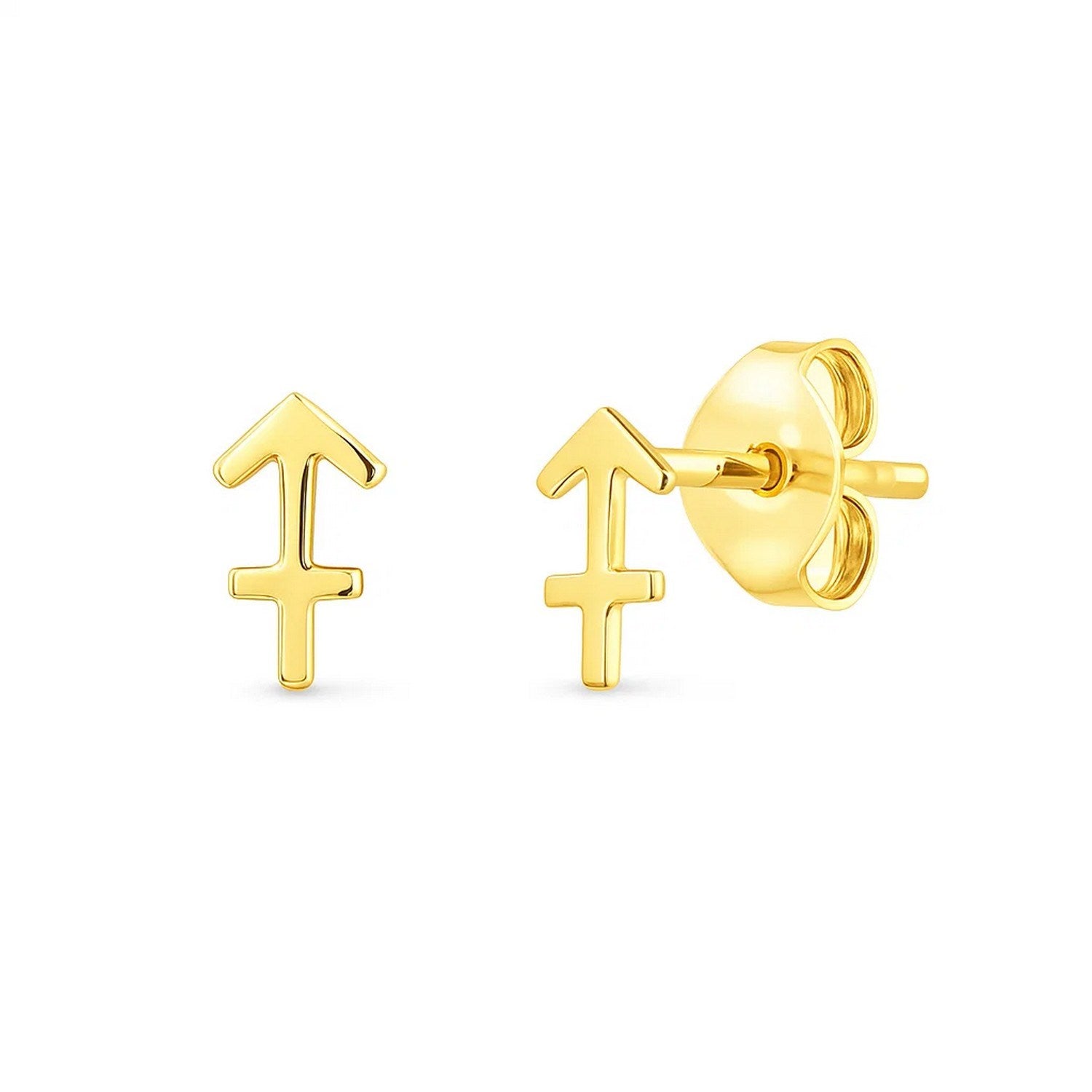 14k Yellow Gold Sagittarius Stud Earrings in a sleek high-contrast midnight luxury editorial style