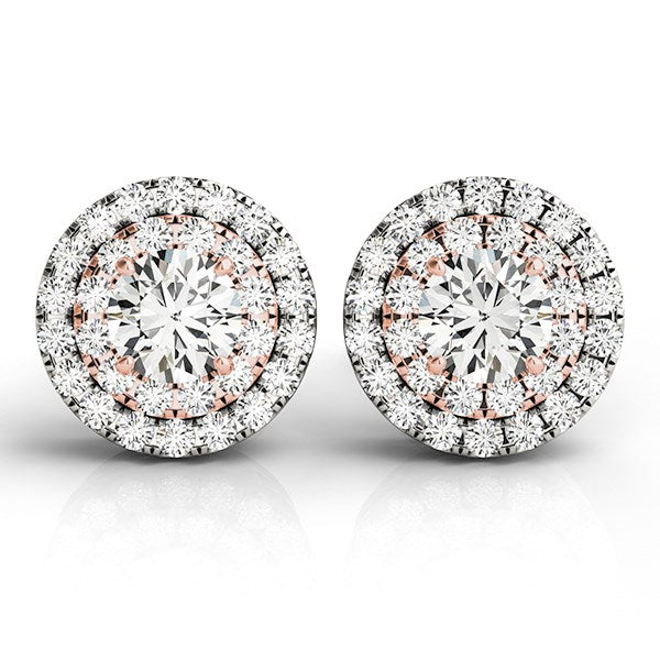 14k White and Rose Gold Round Halo Diamond Earrings (3/4 cttw) in a sleek high-contrast midnight luxury editorial style