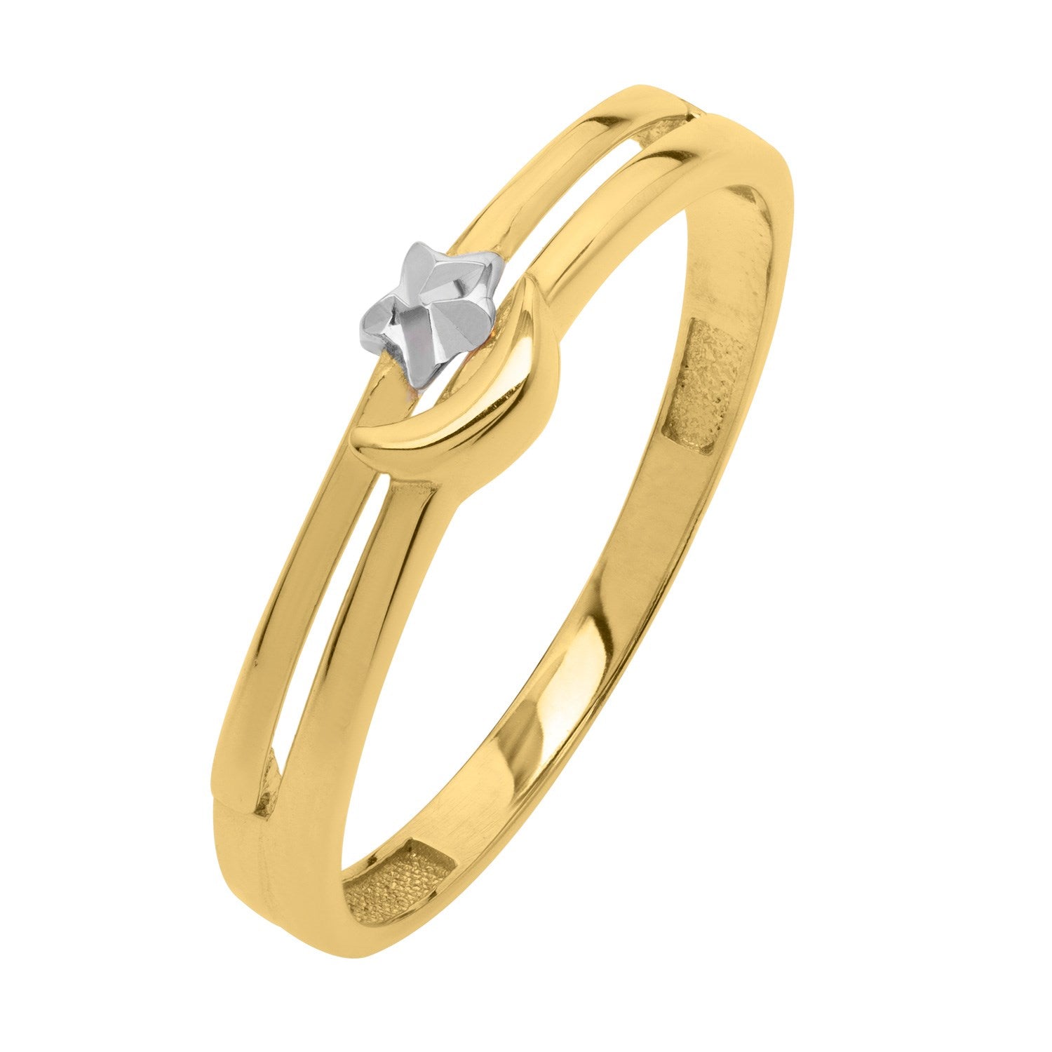 Star & Moon Ring in 10K Two Tone Gold in a sleek high-contrast midnight luxury editorial style