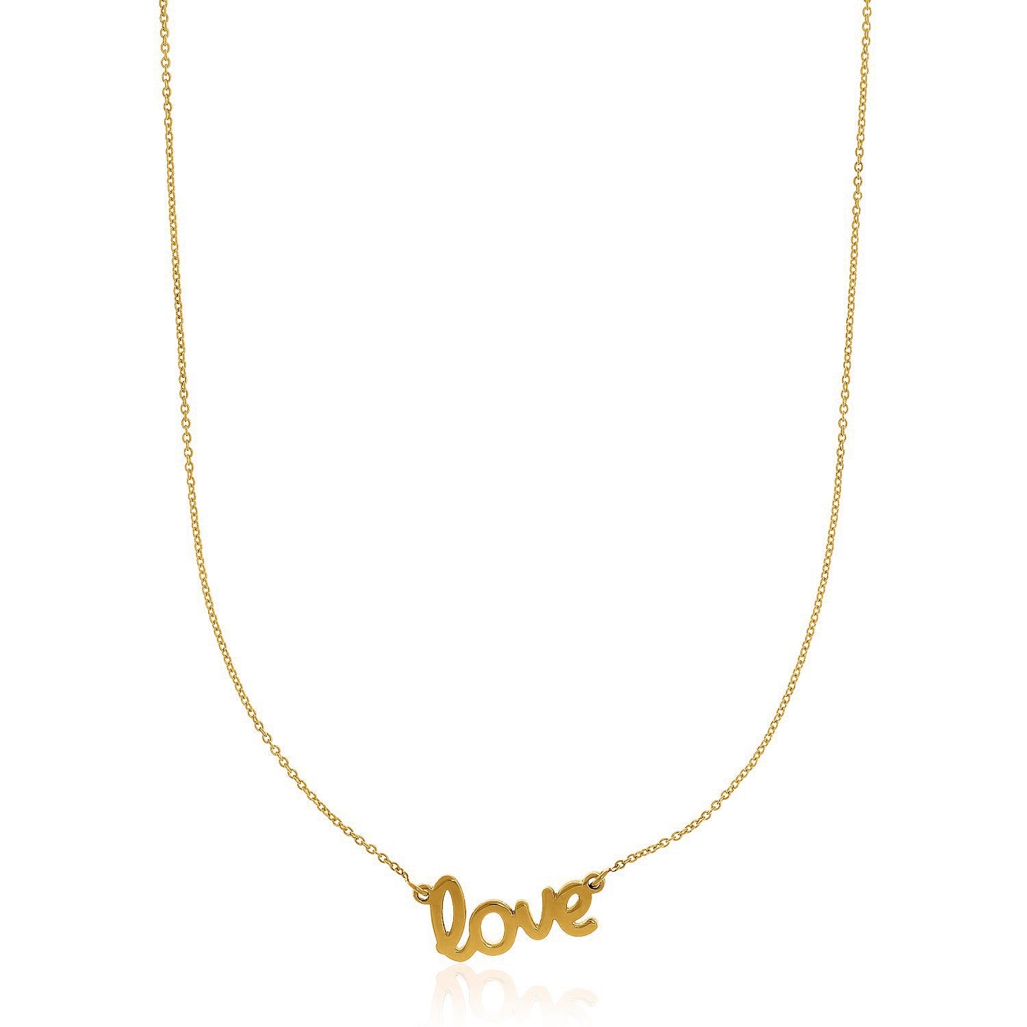 14k Yellow Gold Script LOVE Necklace in a sleek high-contrast midnight luxury editorial style