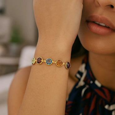 Adjustable Bracelet with Multicolored Round Gemstones in 14k Yellow Gold(1.00mm)