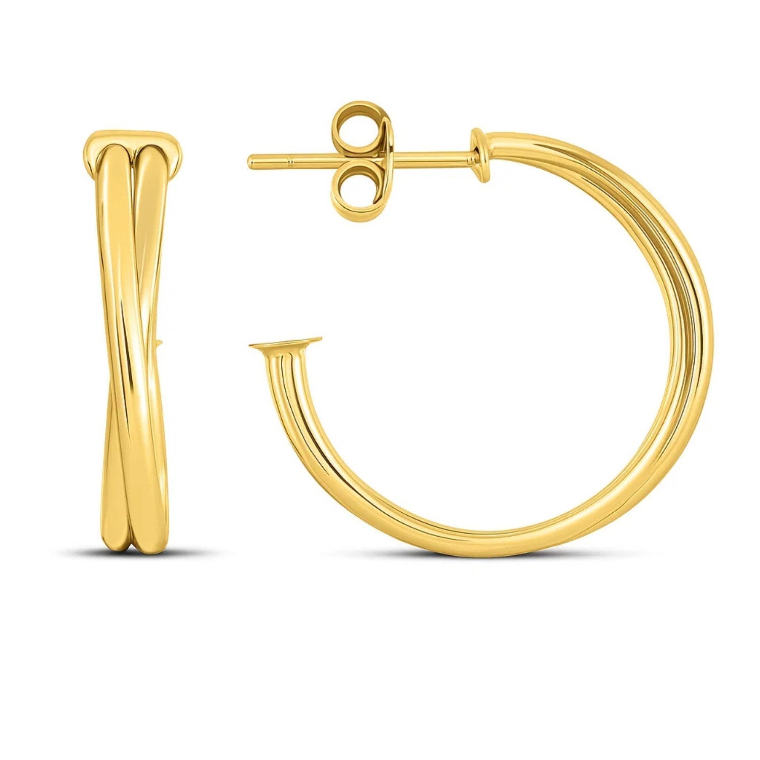 14k Yellow Gold Large Crossover Hoops in a sleek high-contrast midnight luxury editorial style