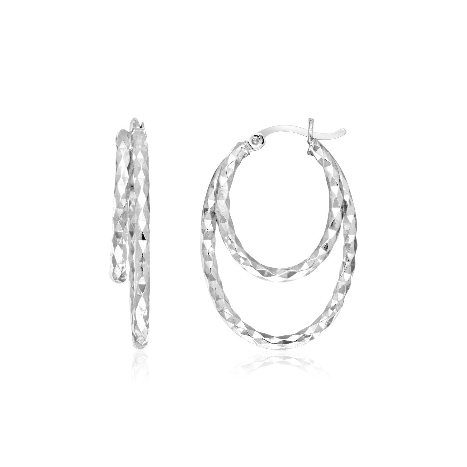 Sterling Silver Double Oval Textured Hoop Earrings in a sleek high-contrast midnight luxury editorial style