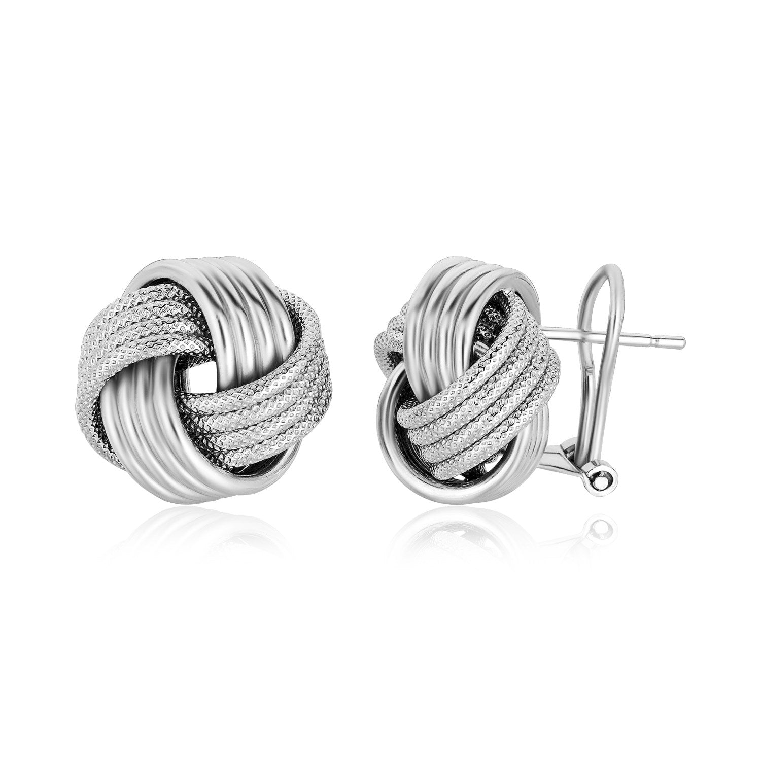 Sterling Silver Groove Textured Love Knot Earrings(14mm) in a sleek high-contrast midnight luxury editorial style