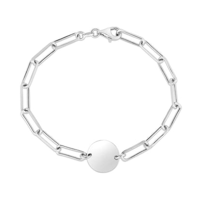 Sterling Silver Rhodium Plated Engravable Circle Paperclip Bracelet (2.10 mm)
